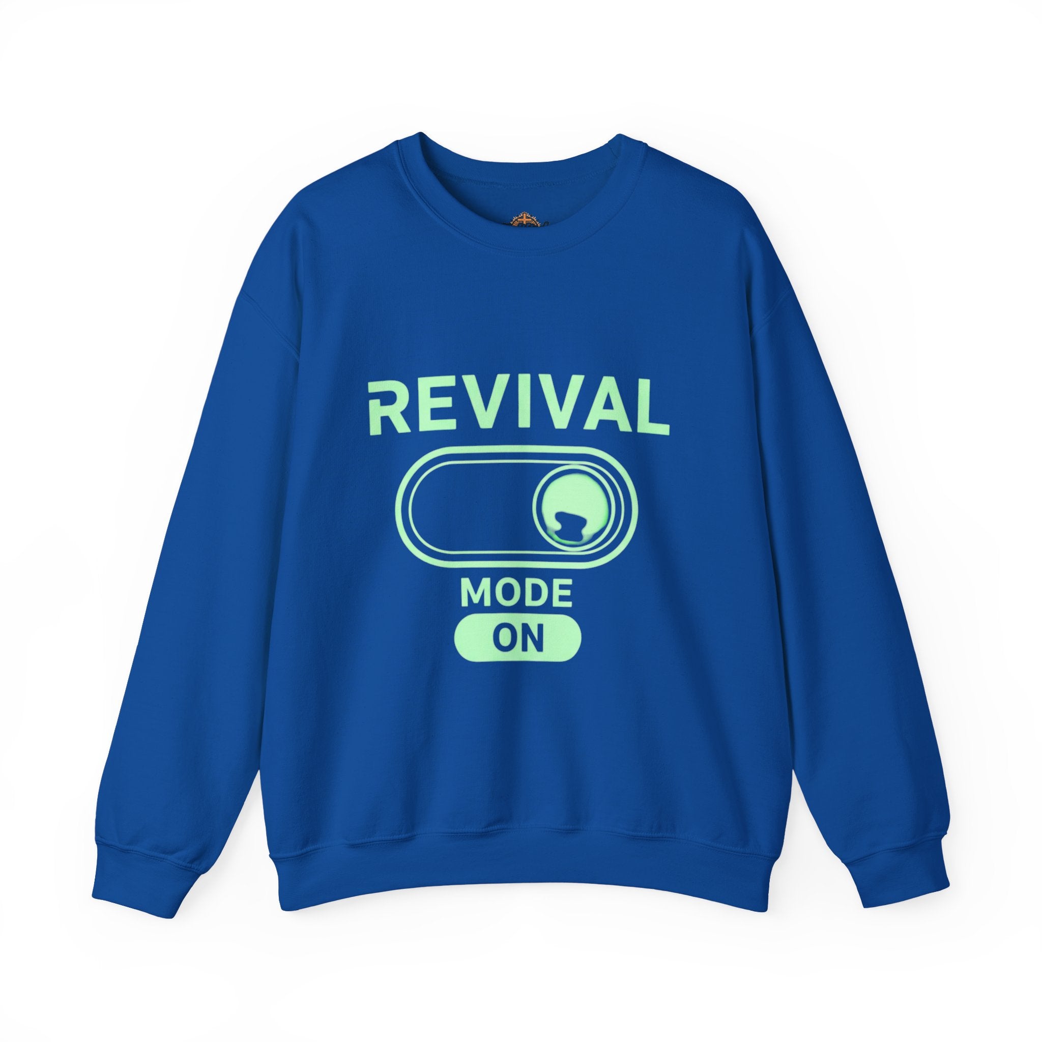 🔥 Revival Mode: ON – Christian Techwear Sweatshirt | Glowing Green Faith Switch | Futuristic Jesus Shirt | Activate Your Spiritual Awakening | Uplifted Gear Printify