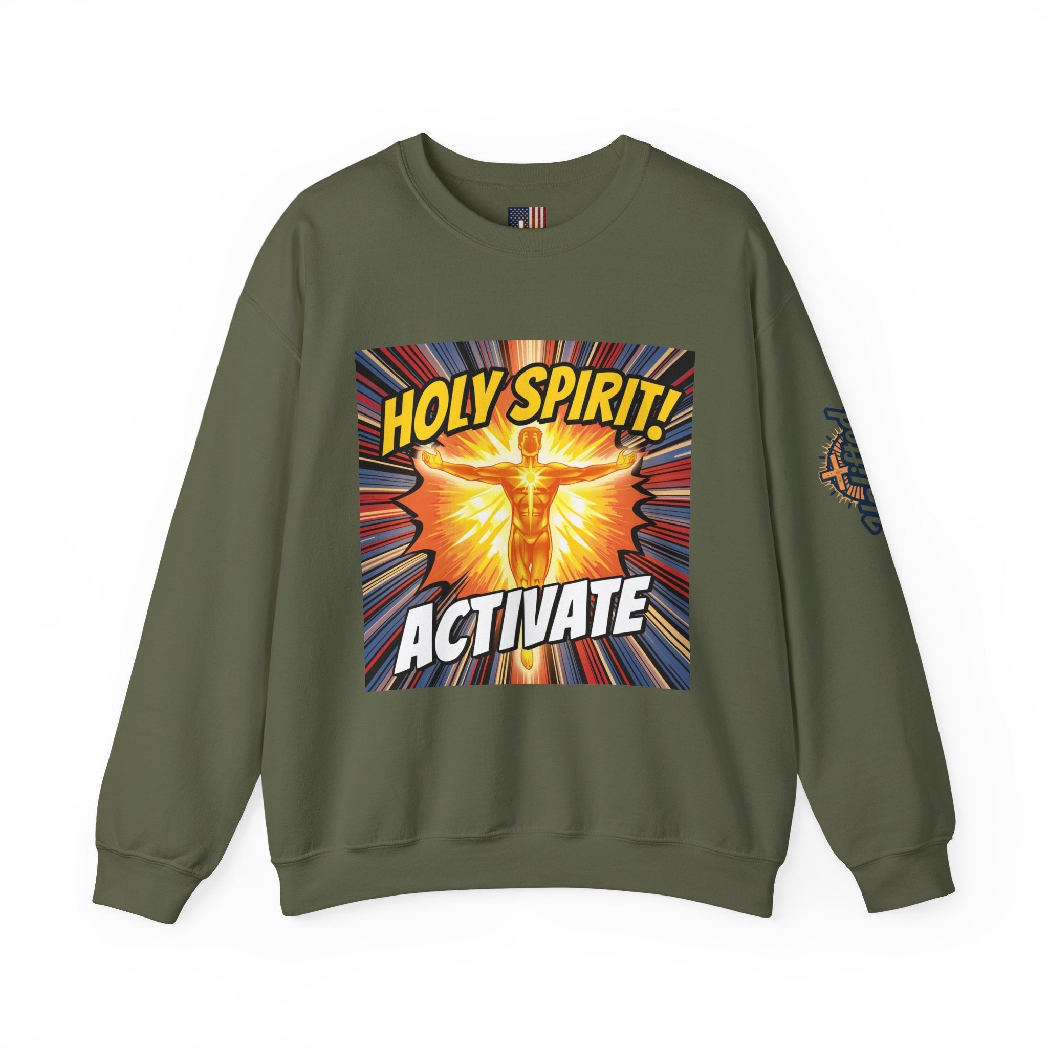 Holy Spirit Activate Sweatshirt – Superhero Christian Sweatshirt with Vibrant Power-Up Design for Faith-Fueled Boldness Printify