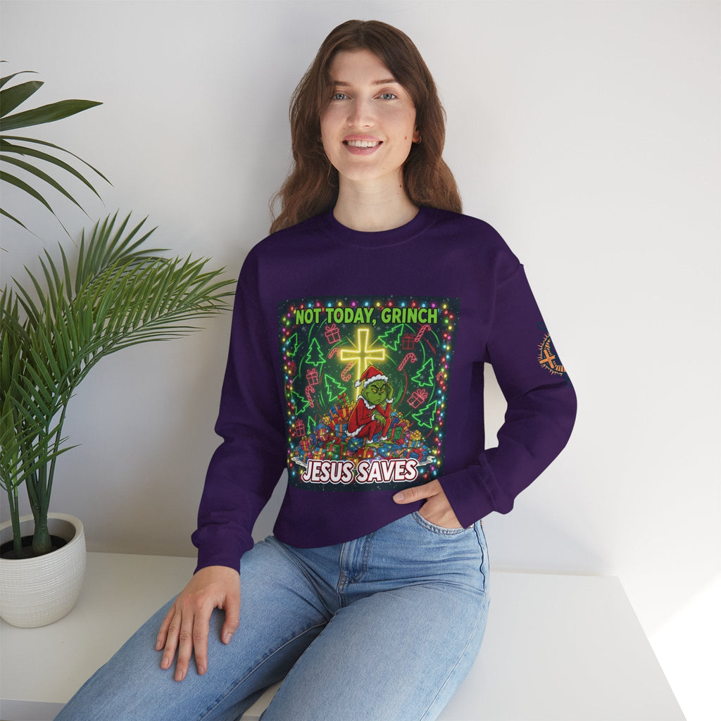 🎄 Not Today, Grinch – Jesus Saves | Funny Christian Christmas Sweatshirt | Festive Green & Red Cartoon Style | Bold Faith Holiday Tee by Uplifted Gear Printify