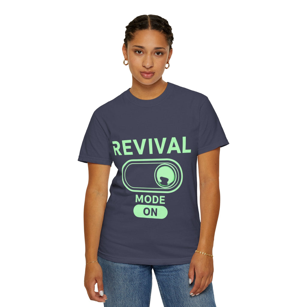 🔥 Revival Mode: ON – Christian Techwear T-Shirt | Glowing Green Faith Switch | Futuristic Jesus Shirt | Activate Your Spiritual Awakening | Uplifted Gear Printify