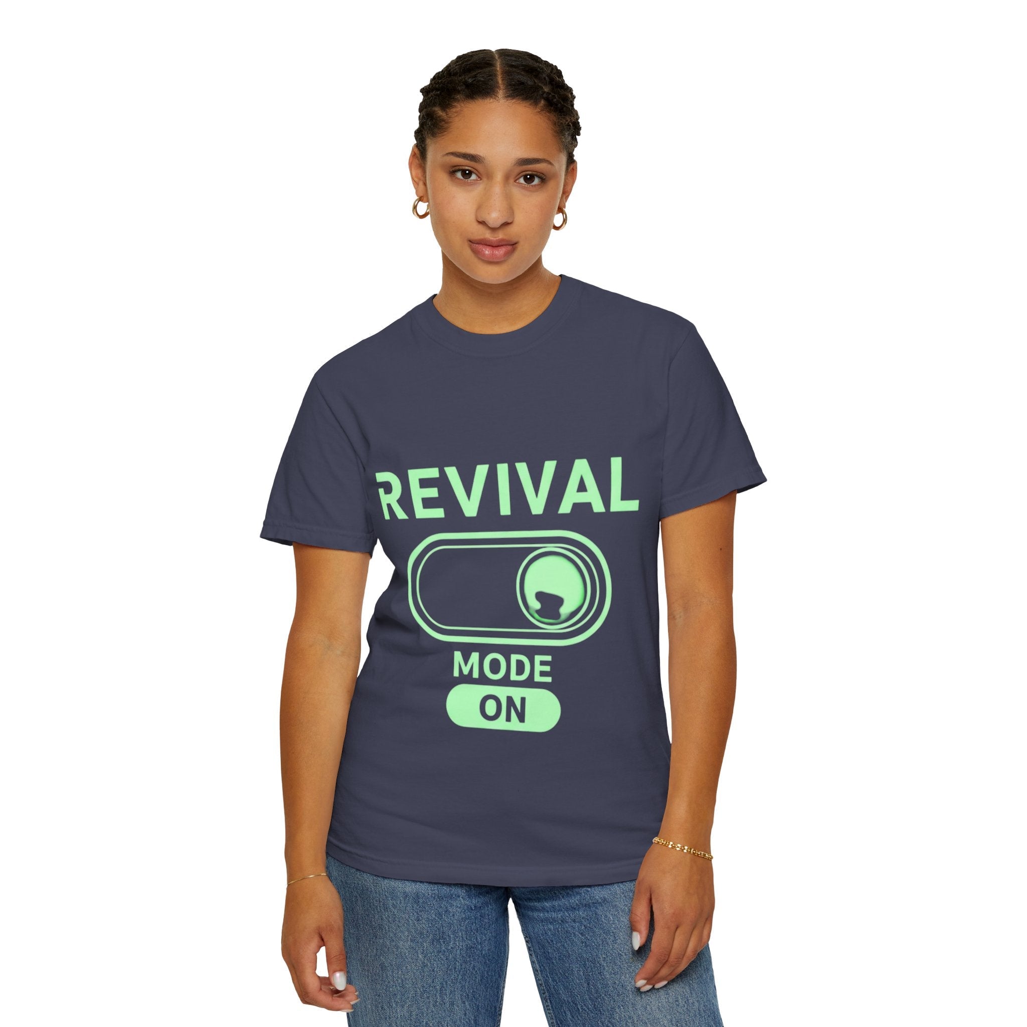 🔥 Revival Mode: ON – Christian Techwear T-Shirt | Glowing Green Faith Switch | Futuristic Jesus Shirt | Activate Your Spiritual Awakening | Uplifted Gear Printify