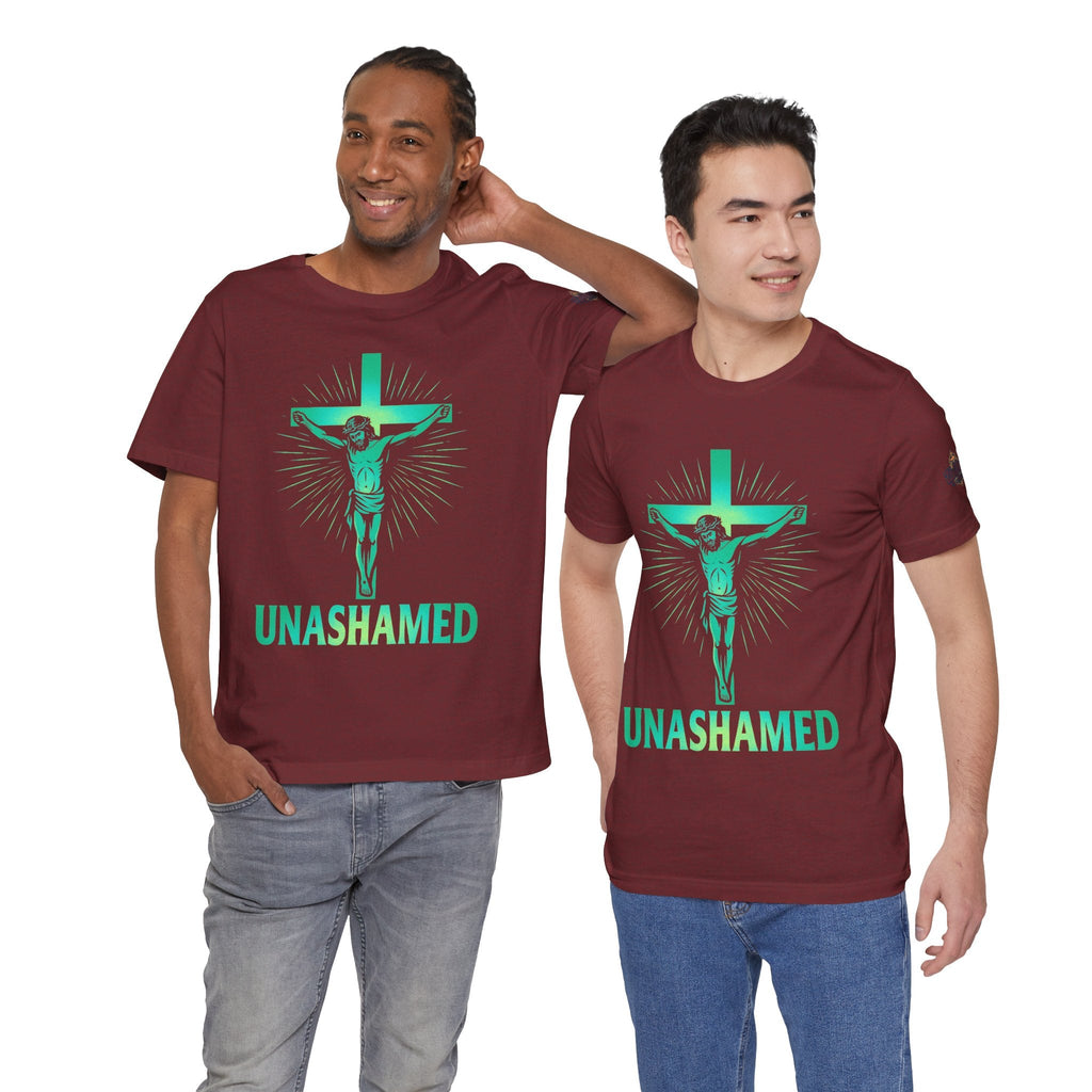 Unashamed T-shirt – Romans 1:16 Crucifixion Christian t-shirt for Bold Unwavering Faith Printify