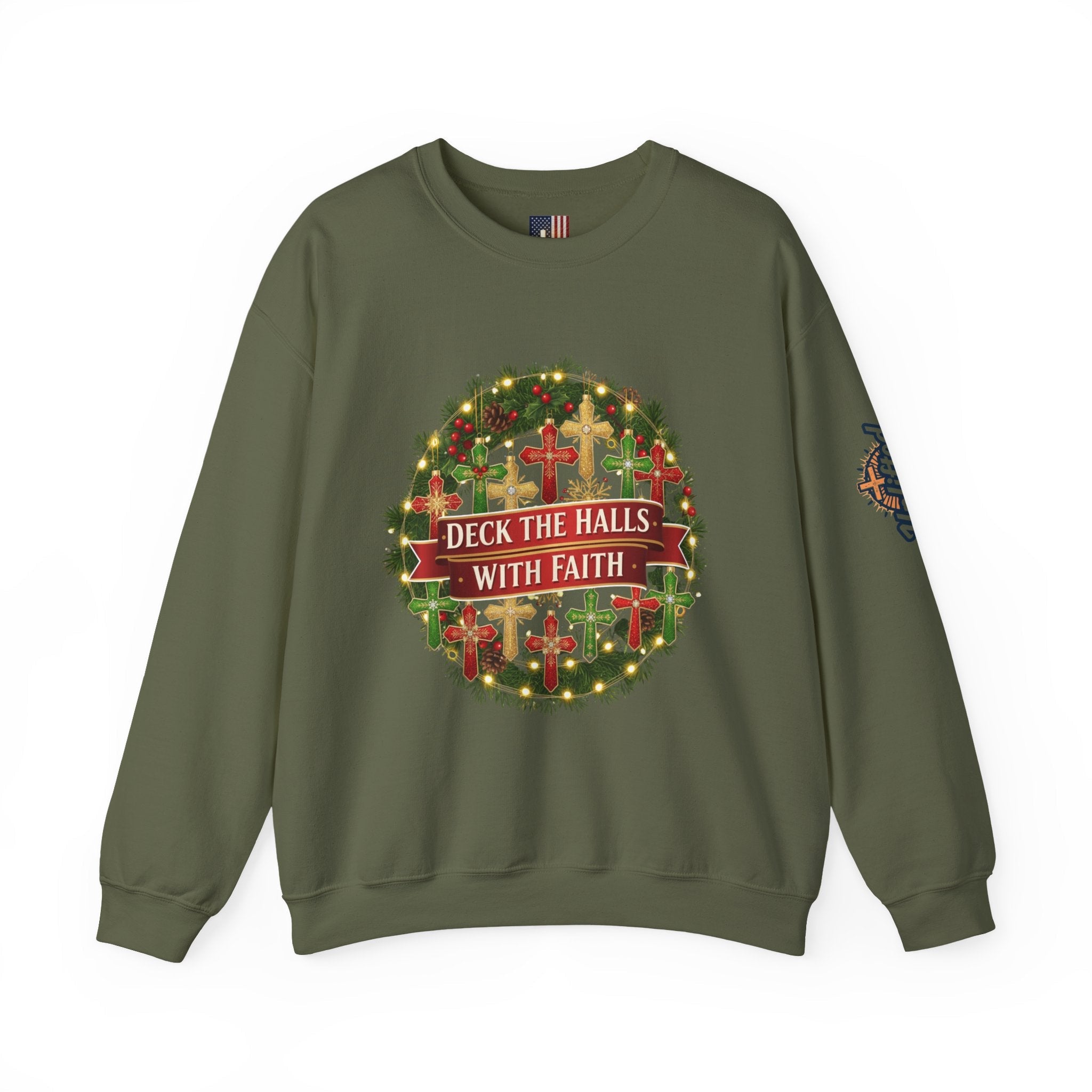 🎄 Deck the Halls with Faith – Christian Christmas Sweatshirt | Cross Ornament Design & Festive Garland | Bold Holiday Faith Tee by Uplifted Gear Printify