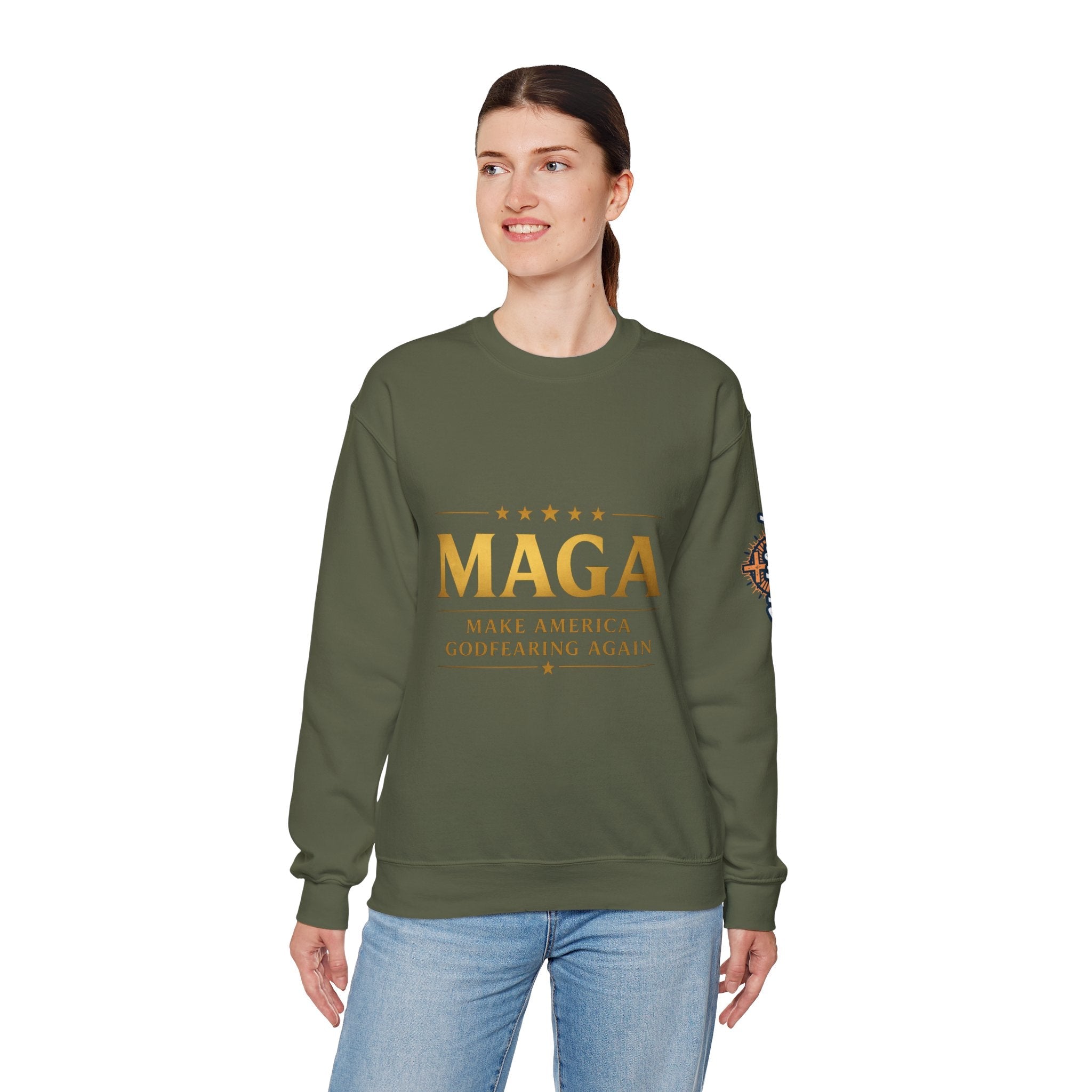 Sweatshirt — "MAGA Make America Godfearing Again" Gold Logo Crewneck Printify