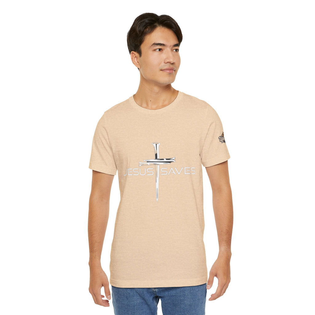 Jesus Saves T-shirt – 3 Nails Crucifix Cross Christian T-shirt for Redemption Faith & Bold Salvation Printify