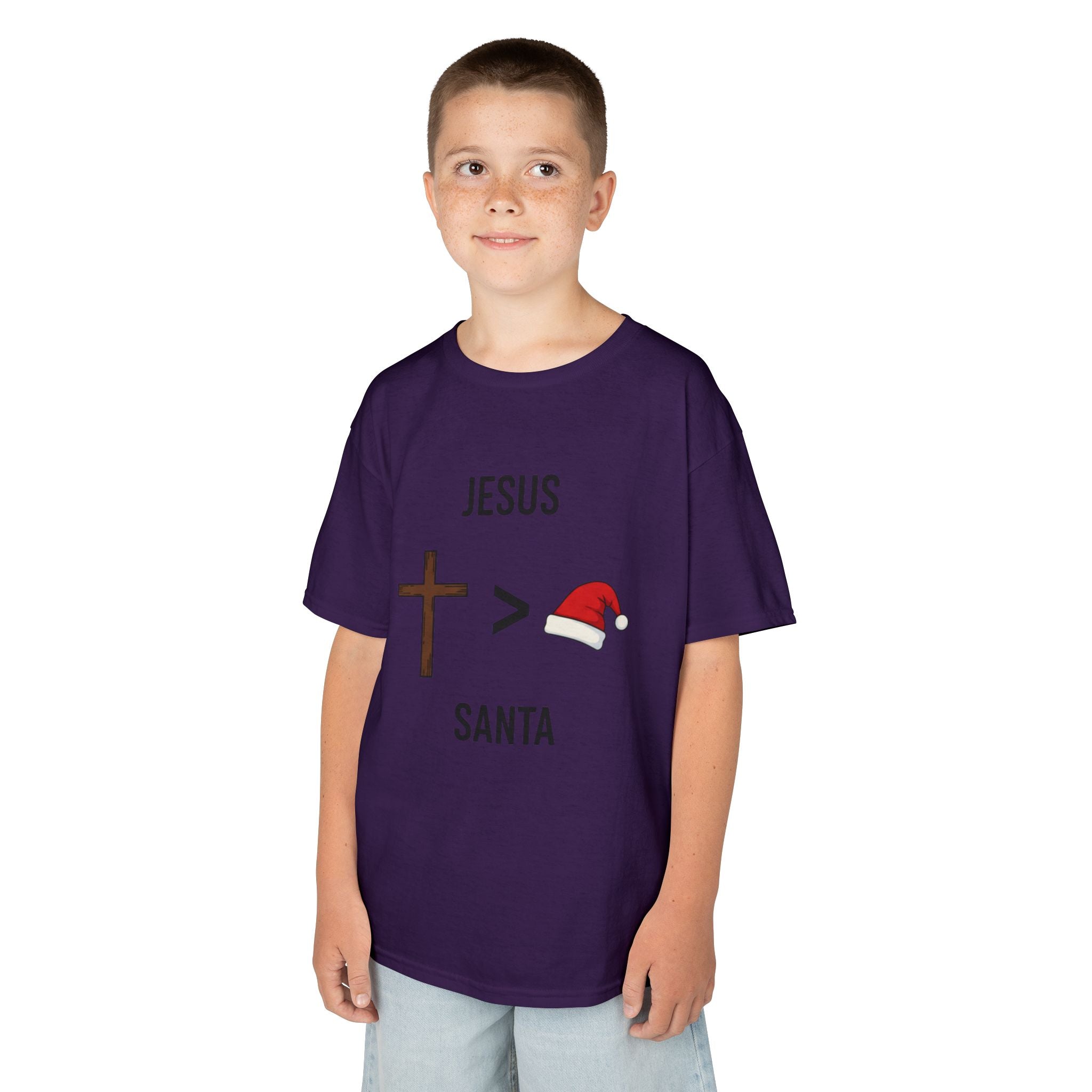🎄 Jesus > Santa – Minimalist Christian Christmas Kids T-Shirt | Bold Faith Over Holiday Tee | Cross vs Santa Hat Design | Uplifted Gear Printify