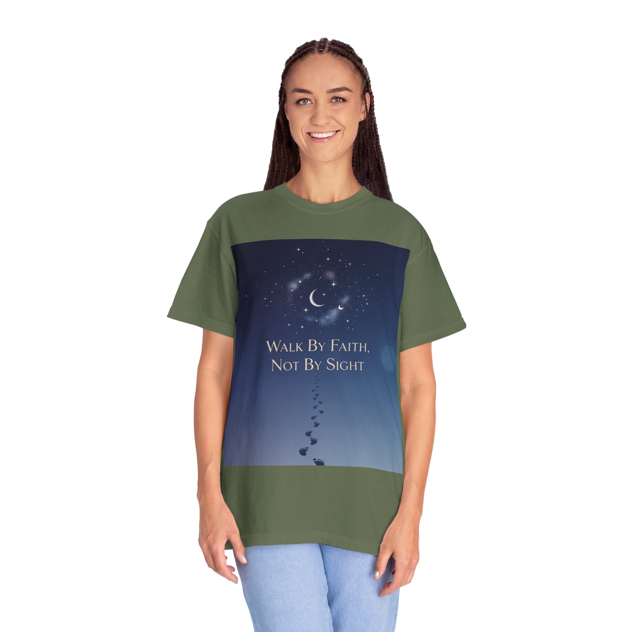 Walk by Faith, Not by Sight T-Shirt – Footprints in the Sand Christian Moonlit Tee Printify