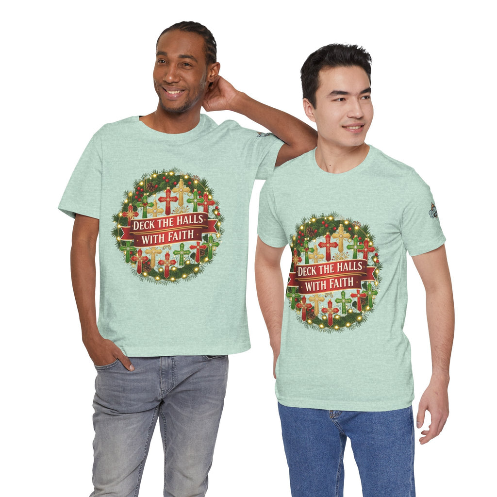 🎄 Deck the Halls with Faith – Christian Christmas T-Shirt | Cross Ornament Design & Festive Garland | Bold Holiday Faith Tee by Uplifted Gear Printify