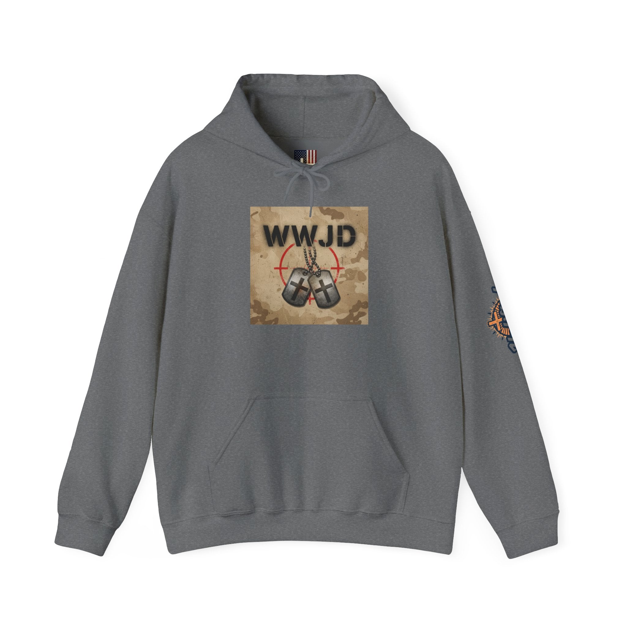 WWJD Hoodie – Military Dog Tags What Would Jesus Do Camo Christian Sweatshirt for Bold Faith & Streetwear Printify