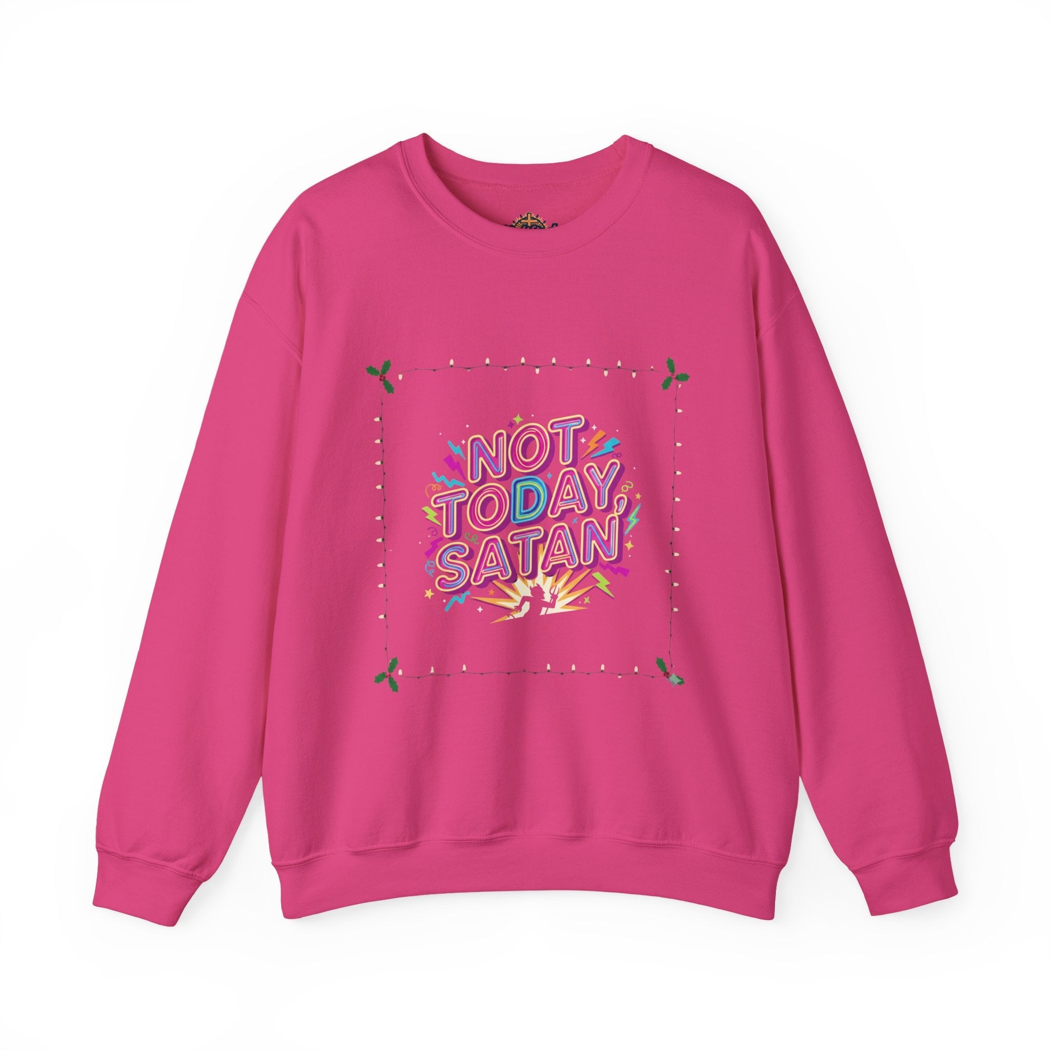 🔥 Not Today, Satan – Retro 90s Christian Sweatshirt | Neon Faith Tee | Funky Cartoon Devil | Bold Bible Verse Shirt | Uplifted Gear Printify