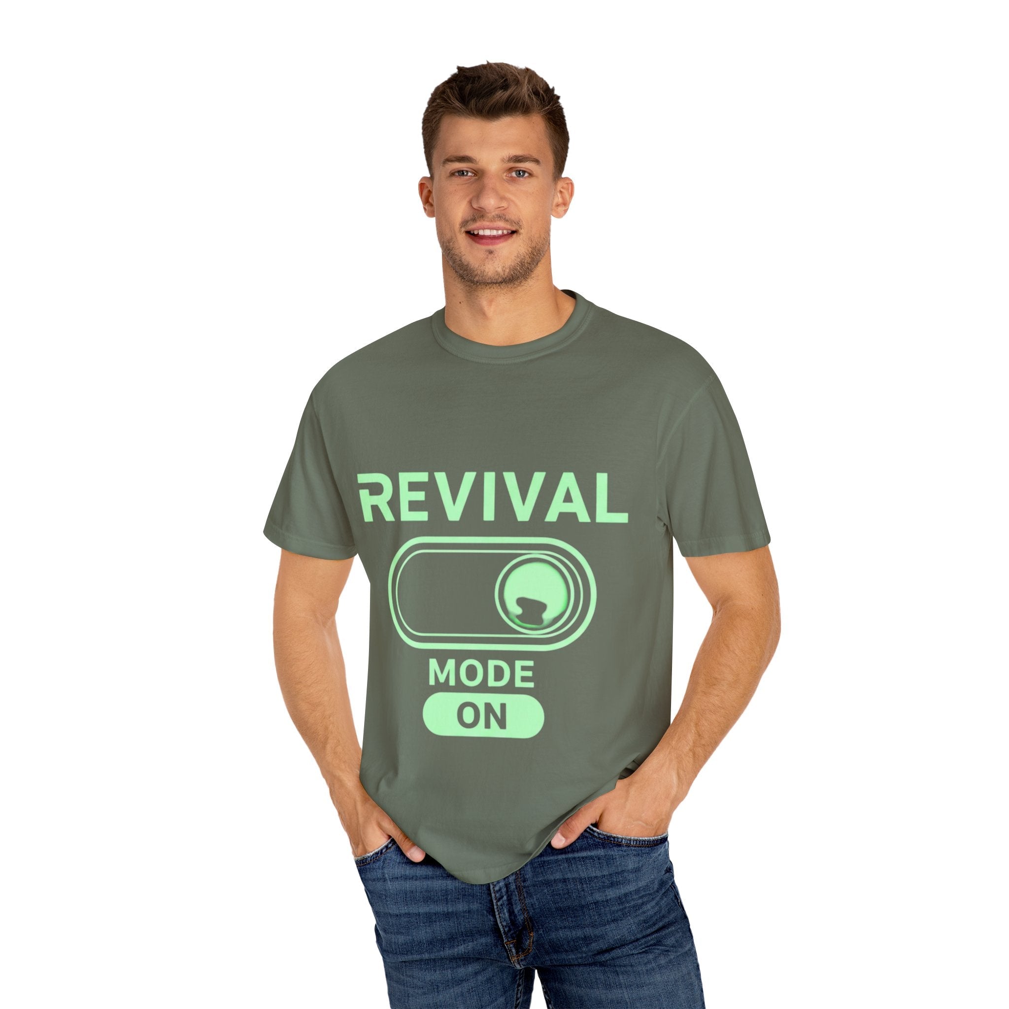 🔥 Revival Mode: ON – Christian Techwear T-Shirt | Glowing Green Faith Switch | Futuristic Jesus Shirt | Activate Your Spiritual Awakening | Uplifted Gear Printify