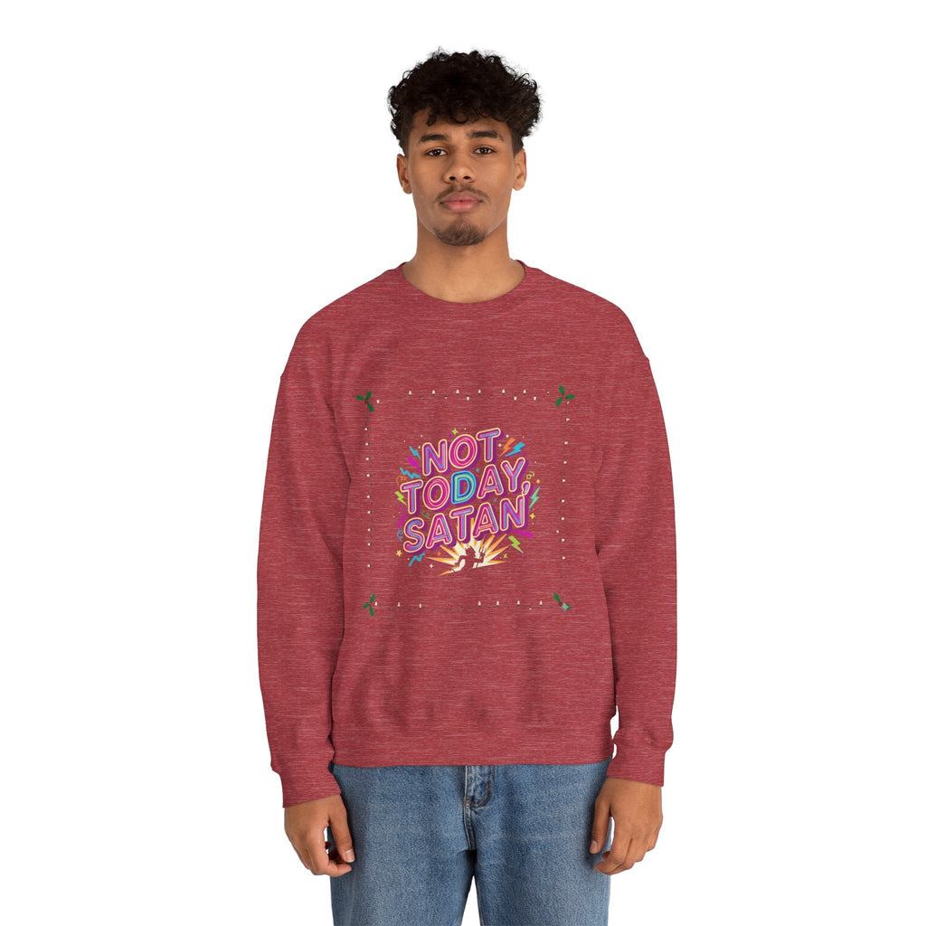 🔥 Not Today, Satan – Retro 90s Christian Sweatshirt | Neon Faith Tee | Funky Cartoon Devil | Bold Bible Verse Shirt | Uplifted Gear Printify