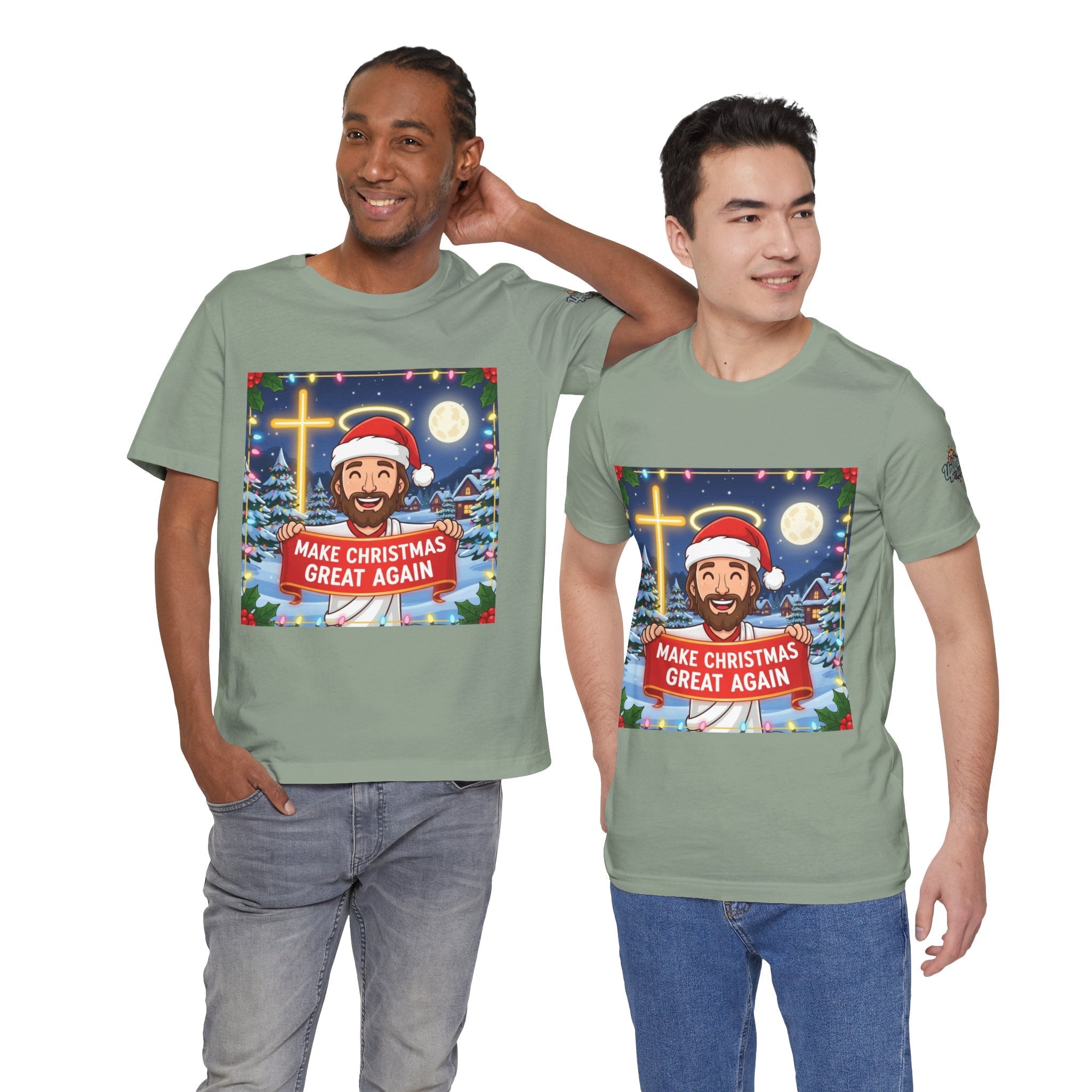 🎄 Make Christmas Great Again – Funny Christian T-Shirt | Jesus Holding Banner | Faith-Based Holiday Parody Tee | Uplifted Gear Printify