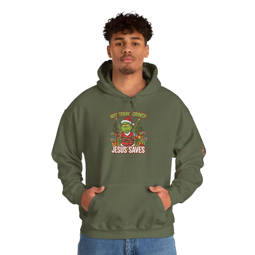 🎄 Not Today, Grinch – Jesus Saves | Funny Christian Christmas Hoodie | Sulking Grinch & Glowing Cross | Bold Neon Faith Tee by Uplifted Gear Printify