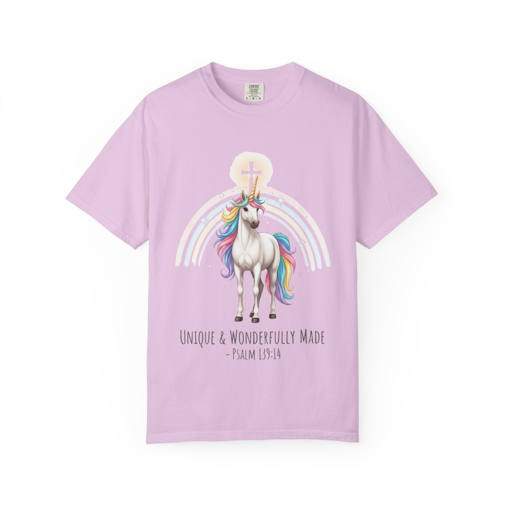 Unique Unicorn Christian T-Shirt – Wonderfully Made with Rainbow Cross & Psalm 139:14 Printify