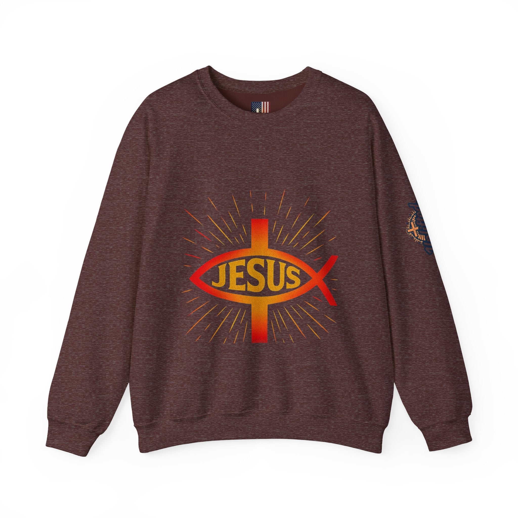 Jesus Ichthys Sweatshirt – Christian Fish Symbol with Cross & Jesus Inscription Sweatshirt for Eternal Faith & Streetwear Printify