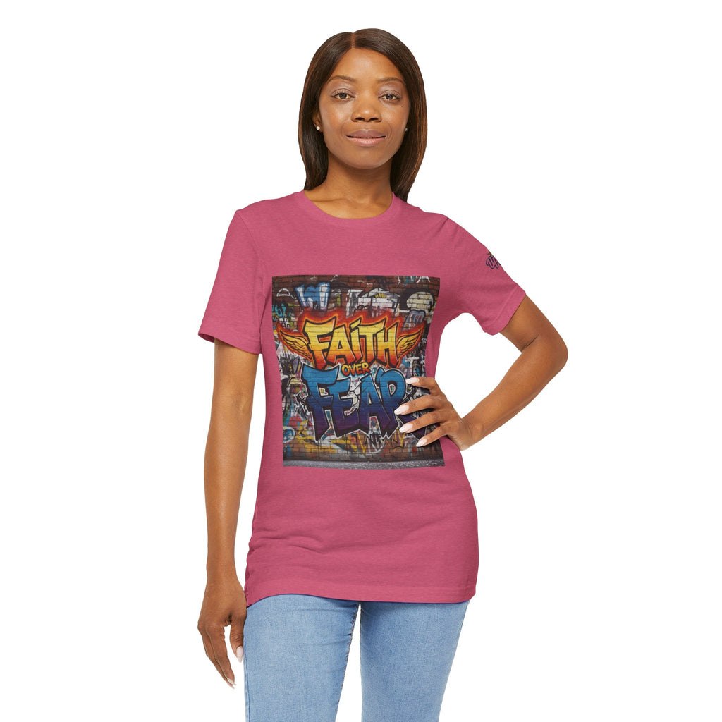 Faith Over Fear T-shirt – Graffiti Wall Christian T-shirt for Bold 2 Corinthians 5:7 Streetwear & Unshakable Faith Printify