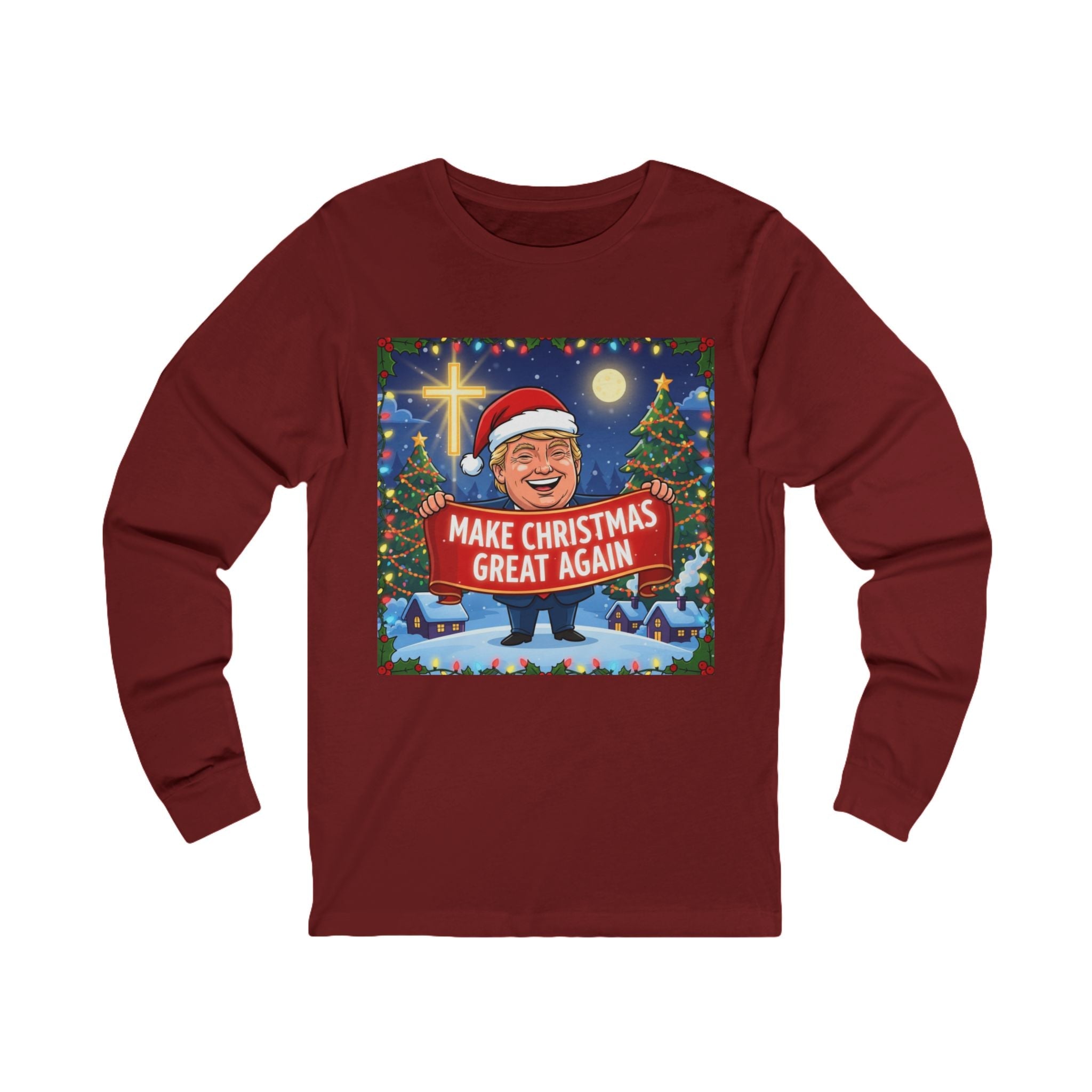 🎄 Make Christmas Great Again – Patriotic Christian Christmas Long Sleeve Shirt | Bold Holiday Faith Tee | Red & White Banner Design | Uplifted Gear Printify