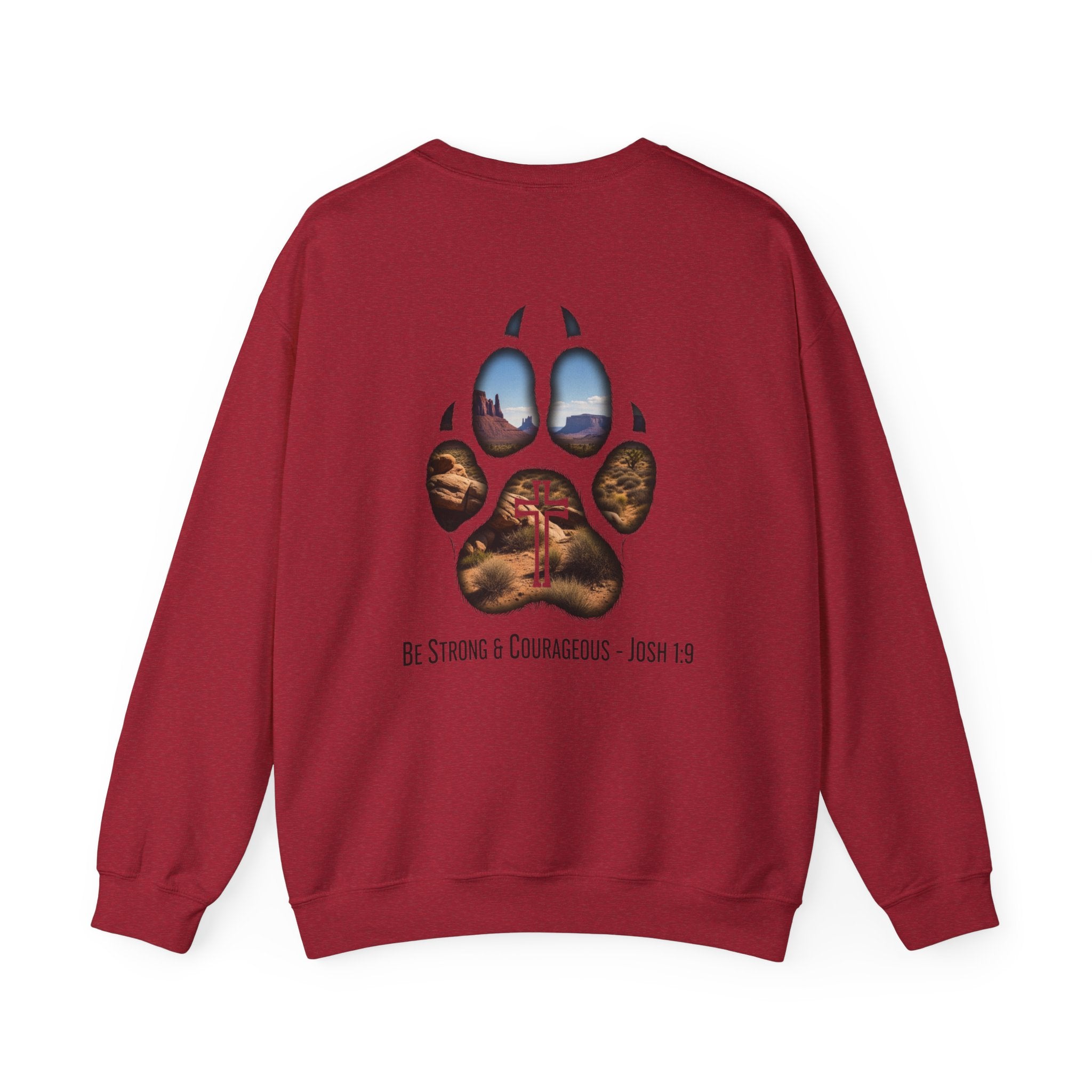 Strong and Courageous Sweatshirt – Joshua 1:9 Canine Pawprint Desert Christian Sweatshirt for Dog Lovers Printify