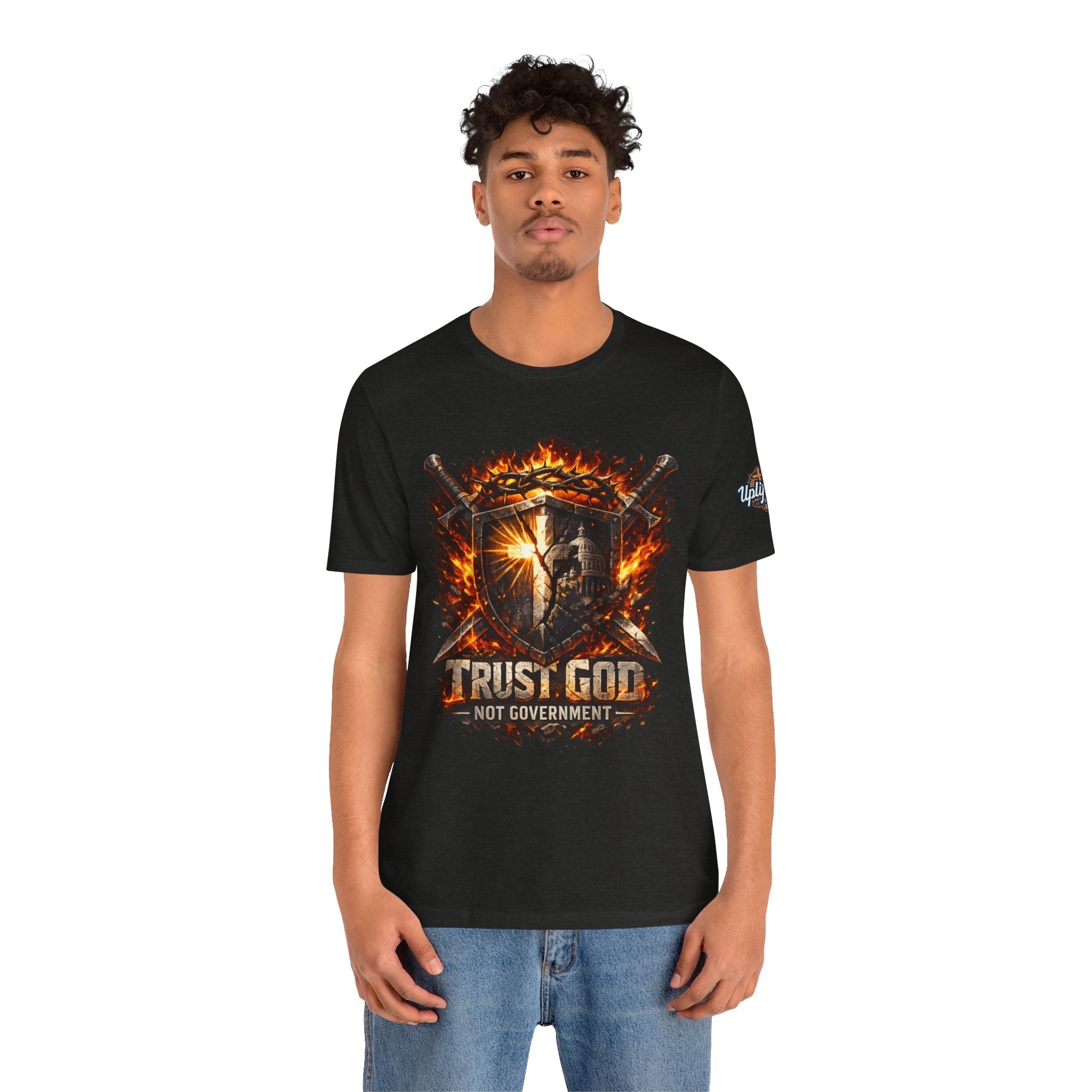Trust God Not Government Shield Tee — Patriotic Christian Faith T-Shirt Printify