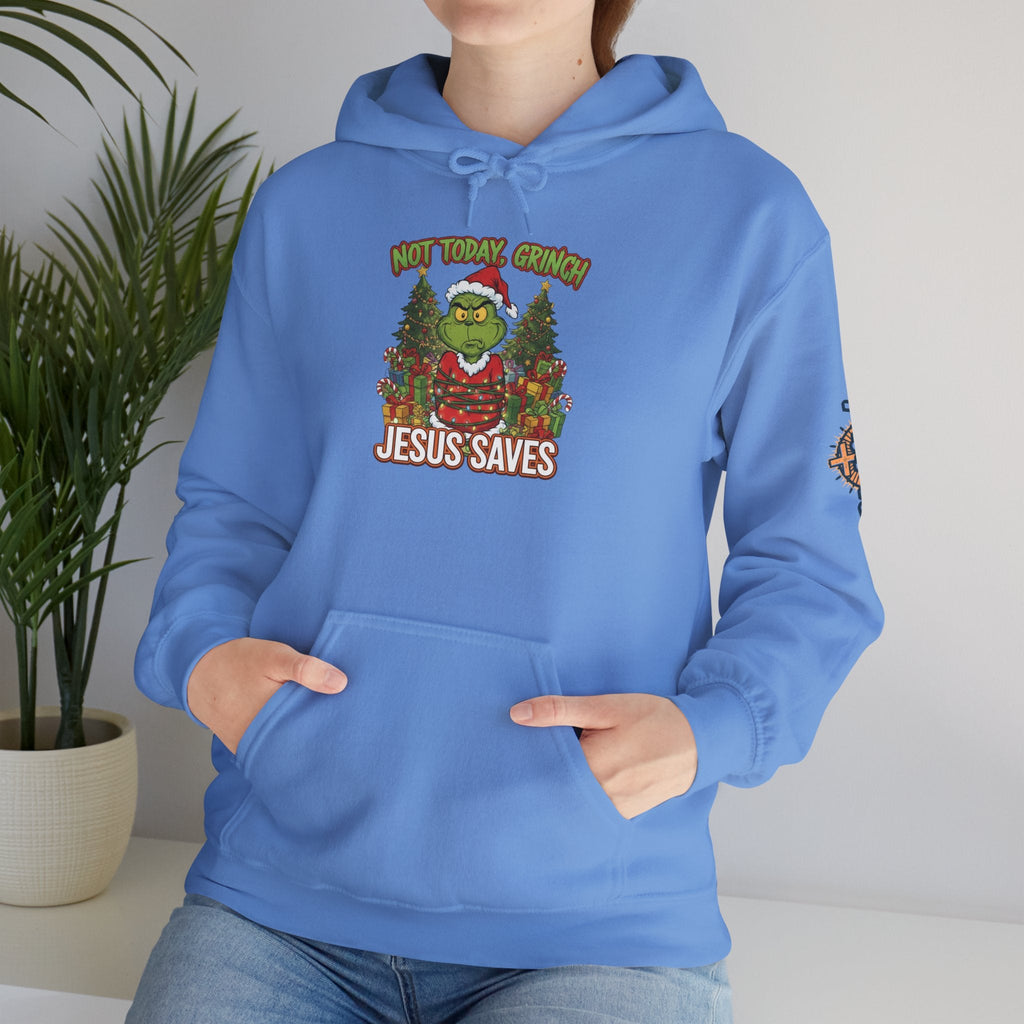 🎄 Not Today, Grinch – Jesus Saves | Funny Christian Christmas Hoodie | Sulking Grinch & Glowing Cross | Bold Neon Faith Tee by Uplifted Gear Printify