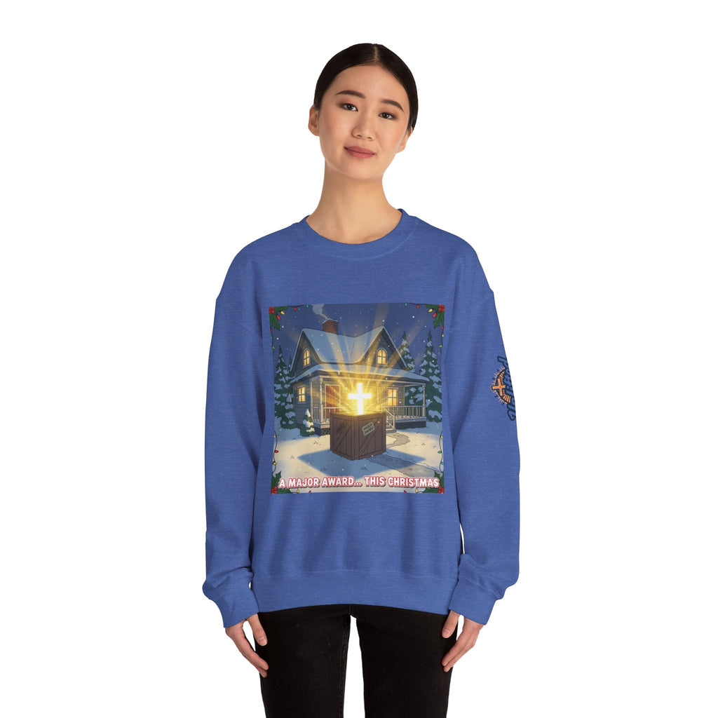A Major Award This Christmas Sweatshirt – Fragile Leg Lamp Parody Cross Unboxing Christian Sweatshirt for Hilarious Faith & Holiday Glow Printify