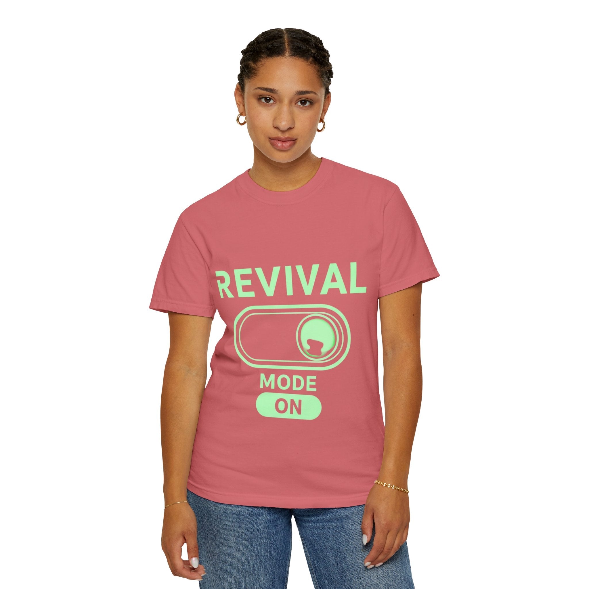 🔥 Revival Mode: ON – Christian Techwear T-Shirt | Glowing Green Faith Switch | Futuristic Jesus Shirt | Activate Your Spiritual Awakening | Uplifted Gear Printify