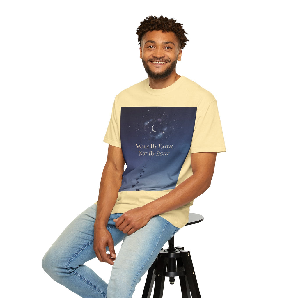 Walk by Faith, Not by Sight T-Shirt – Footprints in the Sand Christian Moonlit Tee Printify