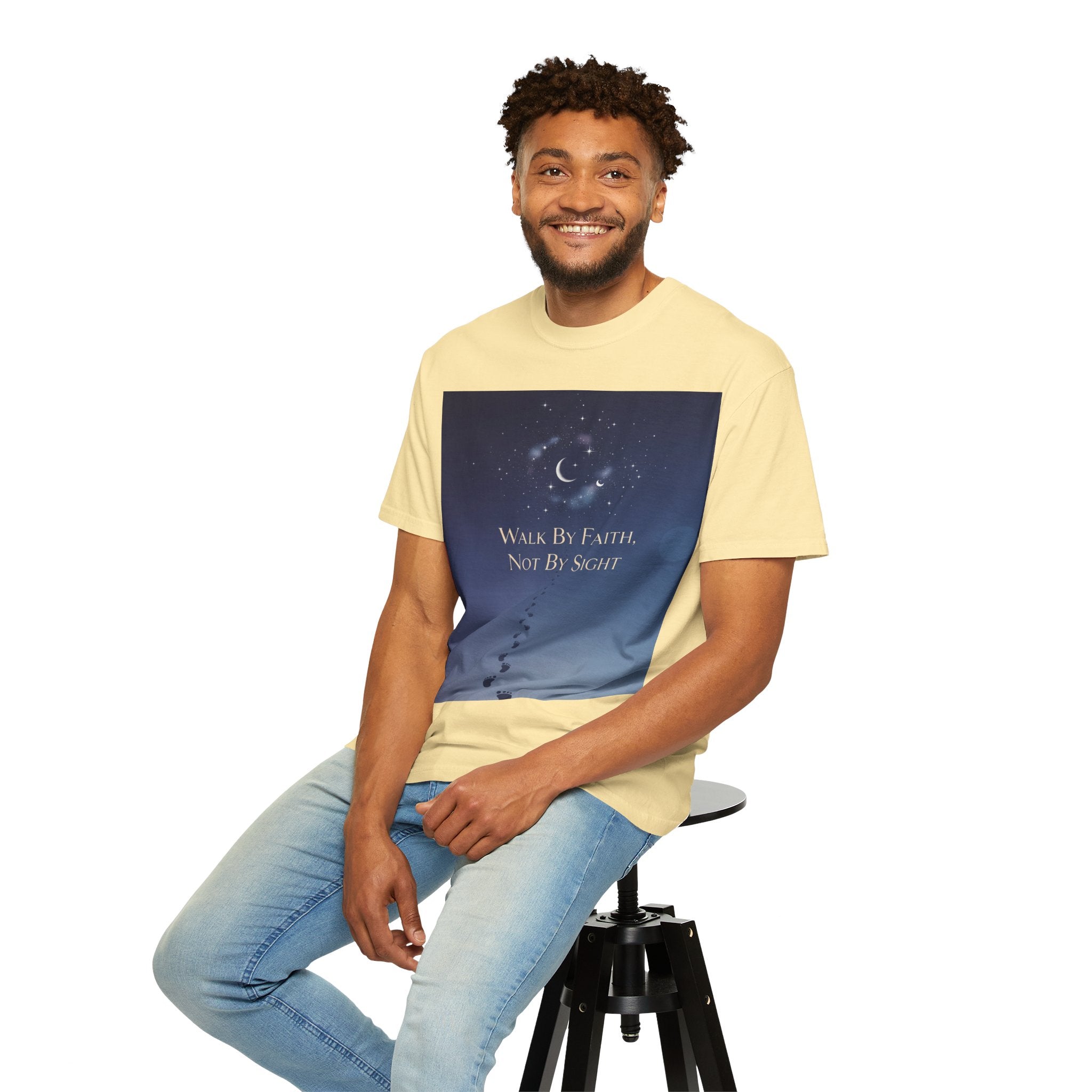 Walk by Faith, Not by Sight T-Shirt – Footprints in the Sand Christian Moonlit Tee Printify
