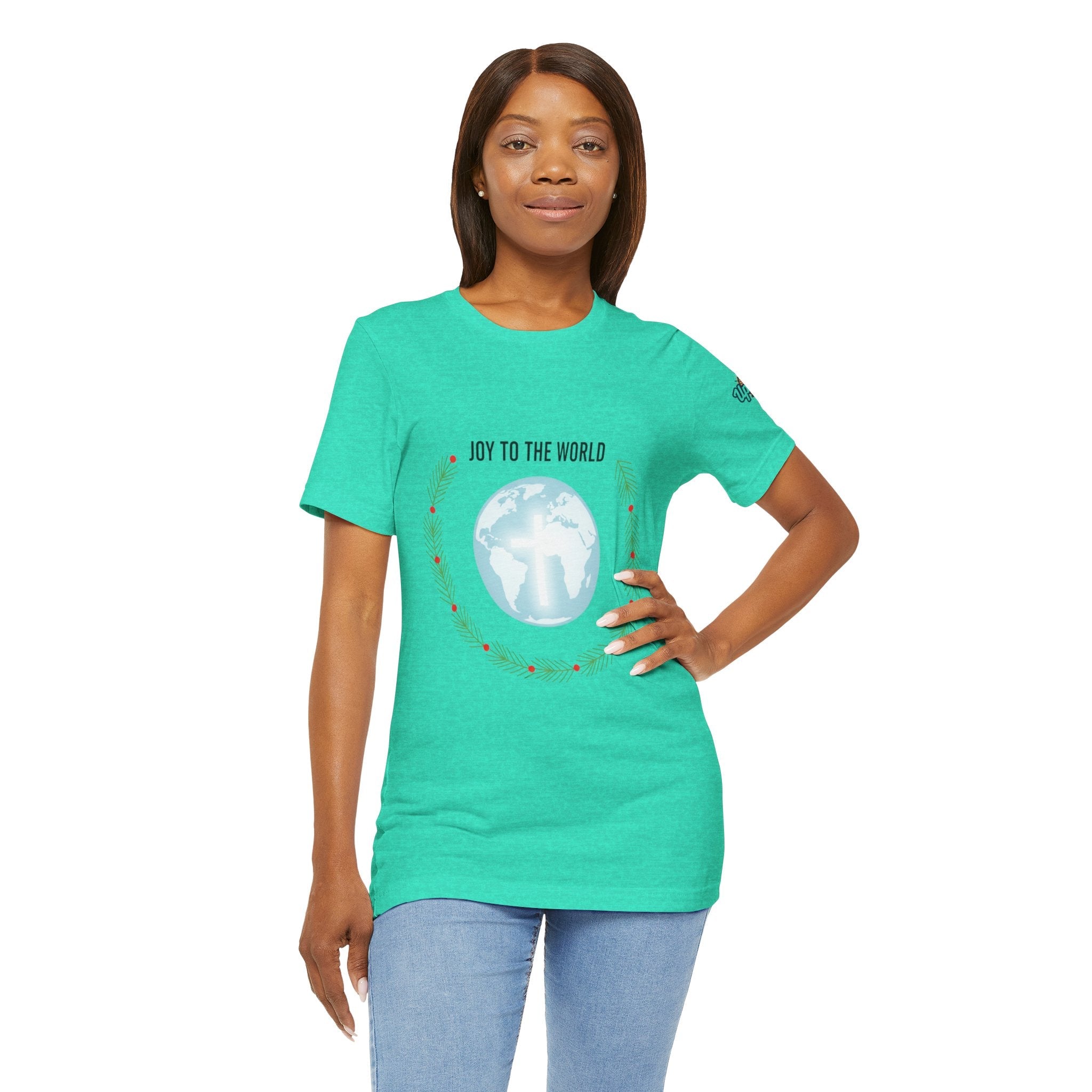 Joy to the World T-shirt – Wreath Earth Nativity Christian Christmas T-shirt for Isaiah 9:6 Holiday Faith & Festive Joy Printify