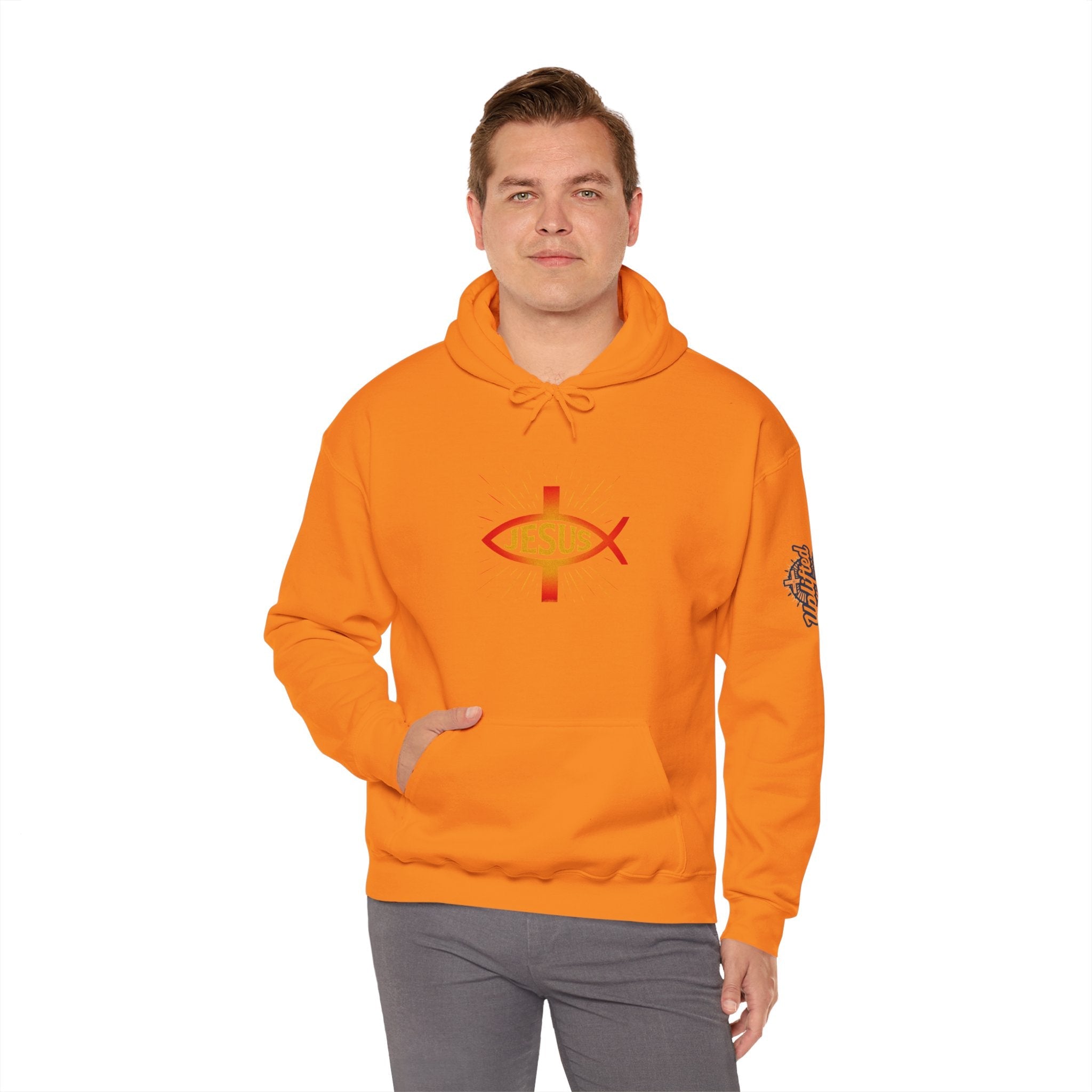 Jesus Ichthys Hoodie – Christian Fish Symbol with Cross & Jesus Inscription Sweatshirt for Eternal Faith & Streetwear Printify
