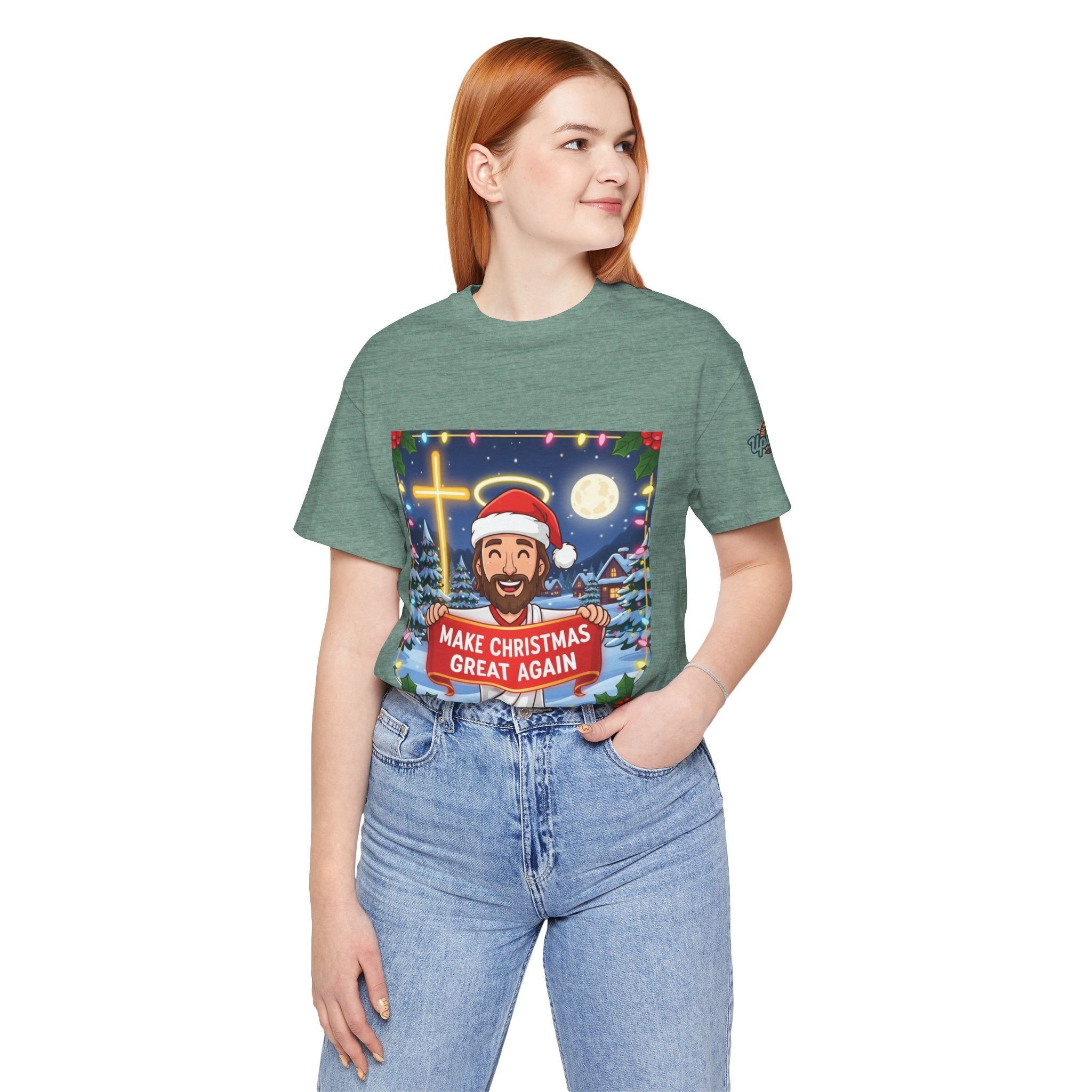 🎄 Make Christmas Great Again – Funny Christian T-Shirt | Jesus Holding Banner | Faith-Based Holiday Parody Tee | Uplifted Gear Printify