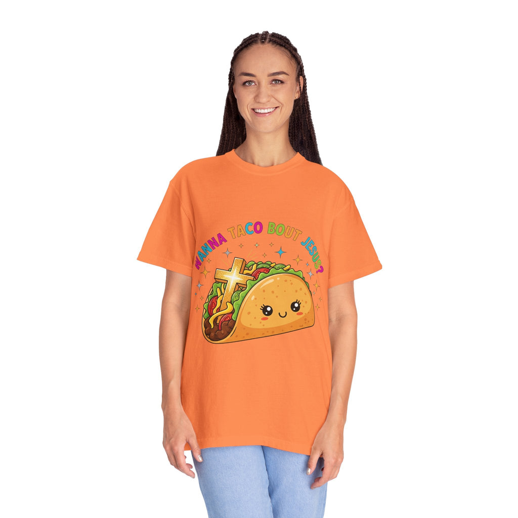 Wanna Taco 'Bout Jesus? Funny Christian Pun T-Shirt – Lettuce Pray & Share Faith! Printify