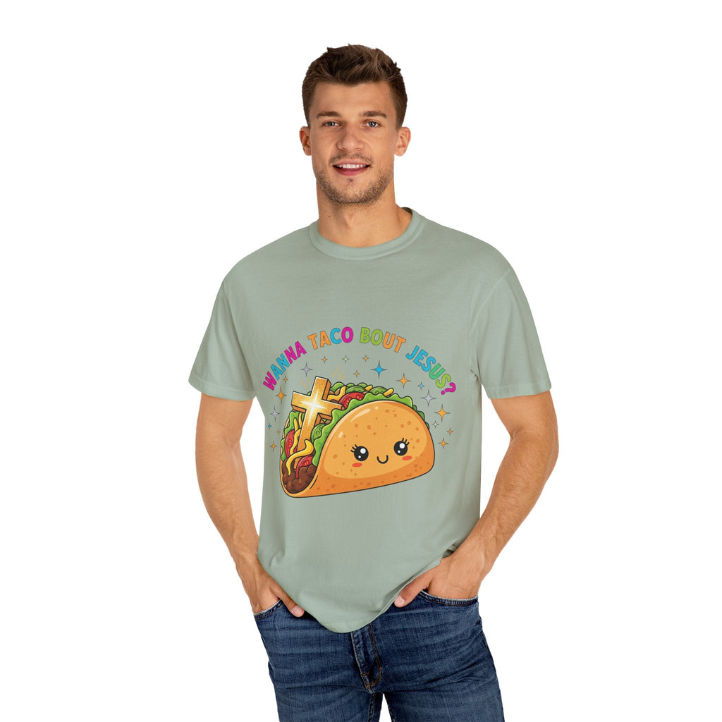 Wanna Taco 'Bout Jesus? Funny Christian Pun T-Shirt – Lettuce Pray & Share Faith! Printify