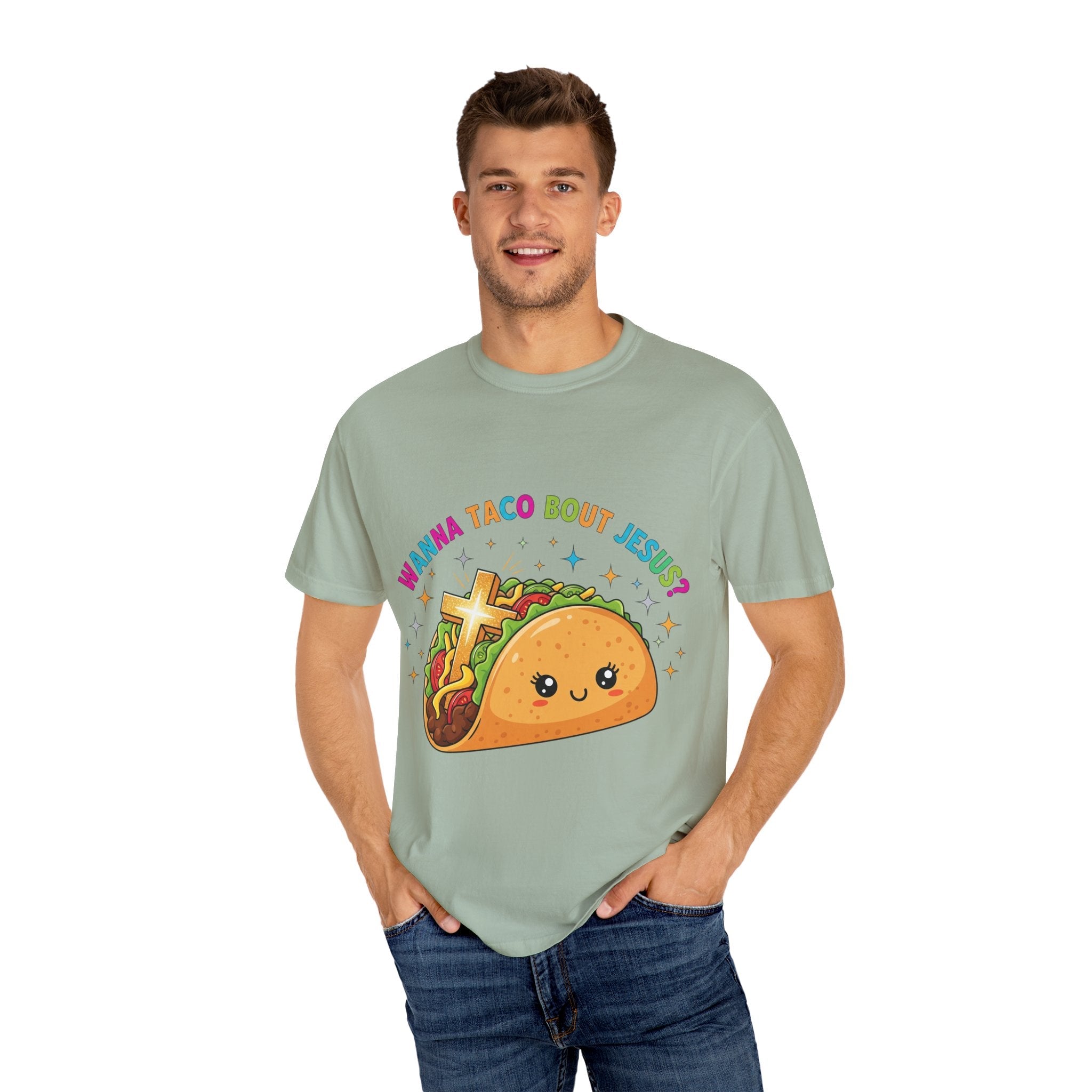 Wanna Taco 'Bout Jesus? Funny Christian Pun T-Shirt – Lettuce Pray & Share Faith! Printify