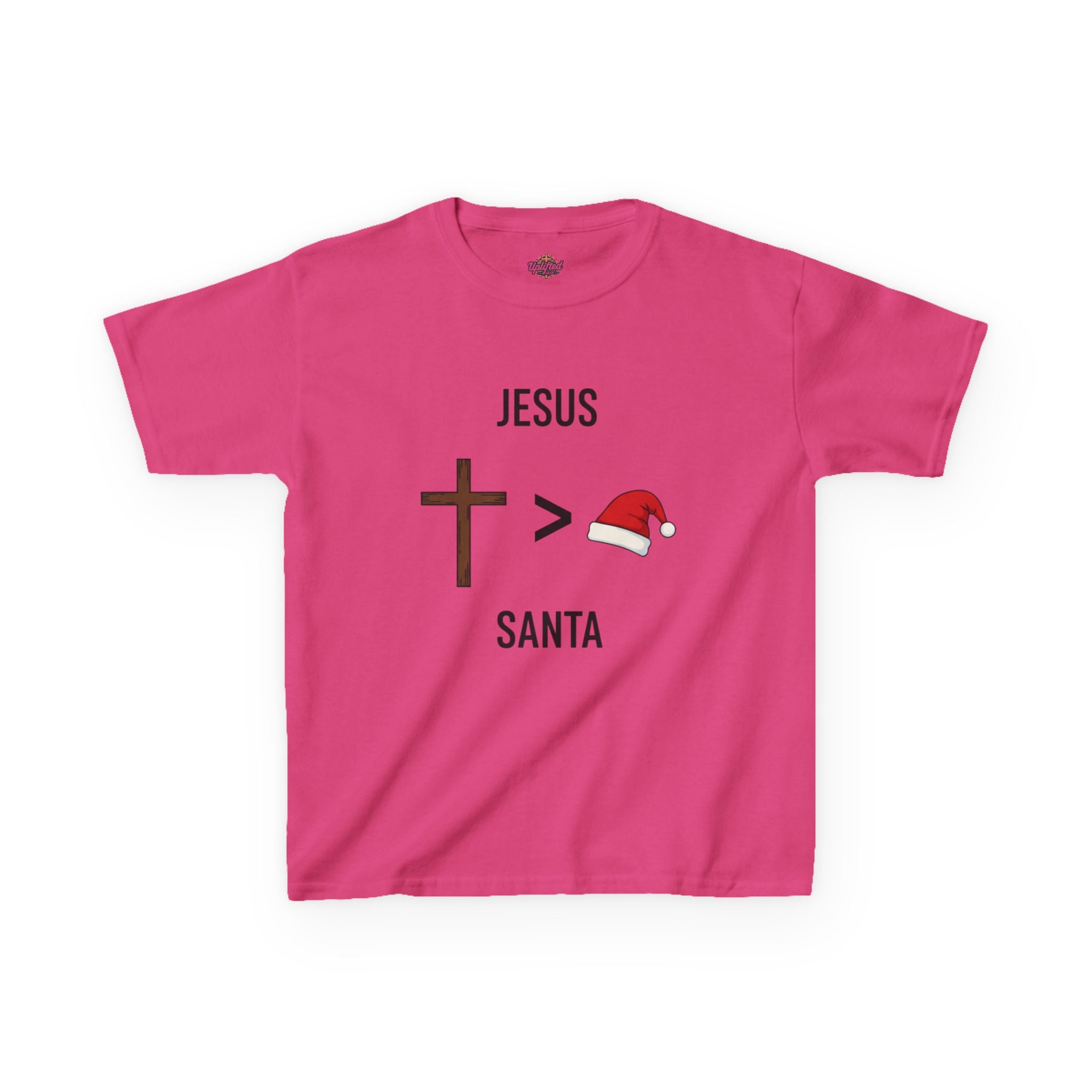 🎄 Jesus > Santa – Minimalist Christian Christmas Kids T-Shirt | Bold Faith Over Holiday Tee | Cross vs Santa Hat Design | Uplifted Gear Printify
