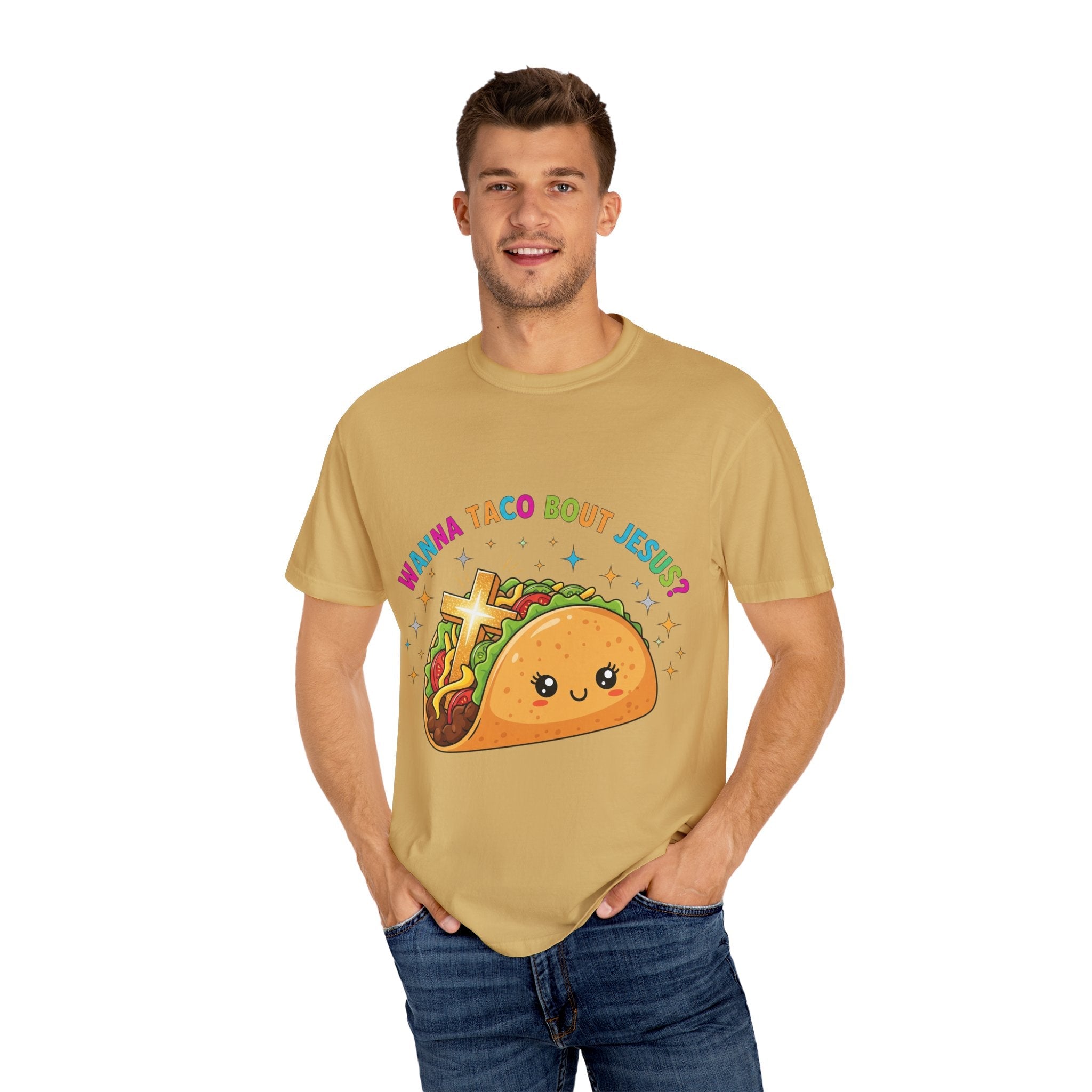 Wanna Taco 'Bout Jesus? Funny Christian Pun T-Shirt – Lettuce Pray & Share Faith! Printify