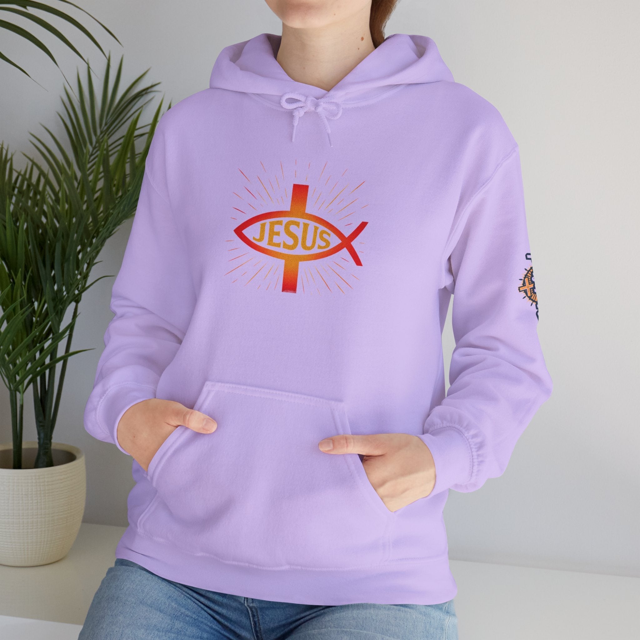Jesus Ichthys Hoodie – Christian Fish Symbol with Cross & Jesus Inscription Sweatshirt for Eternal Faith & Streetwear Printify