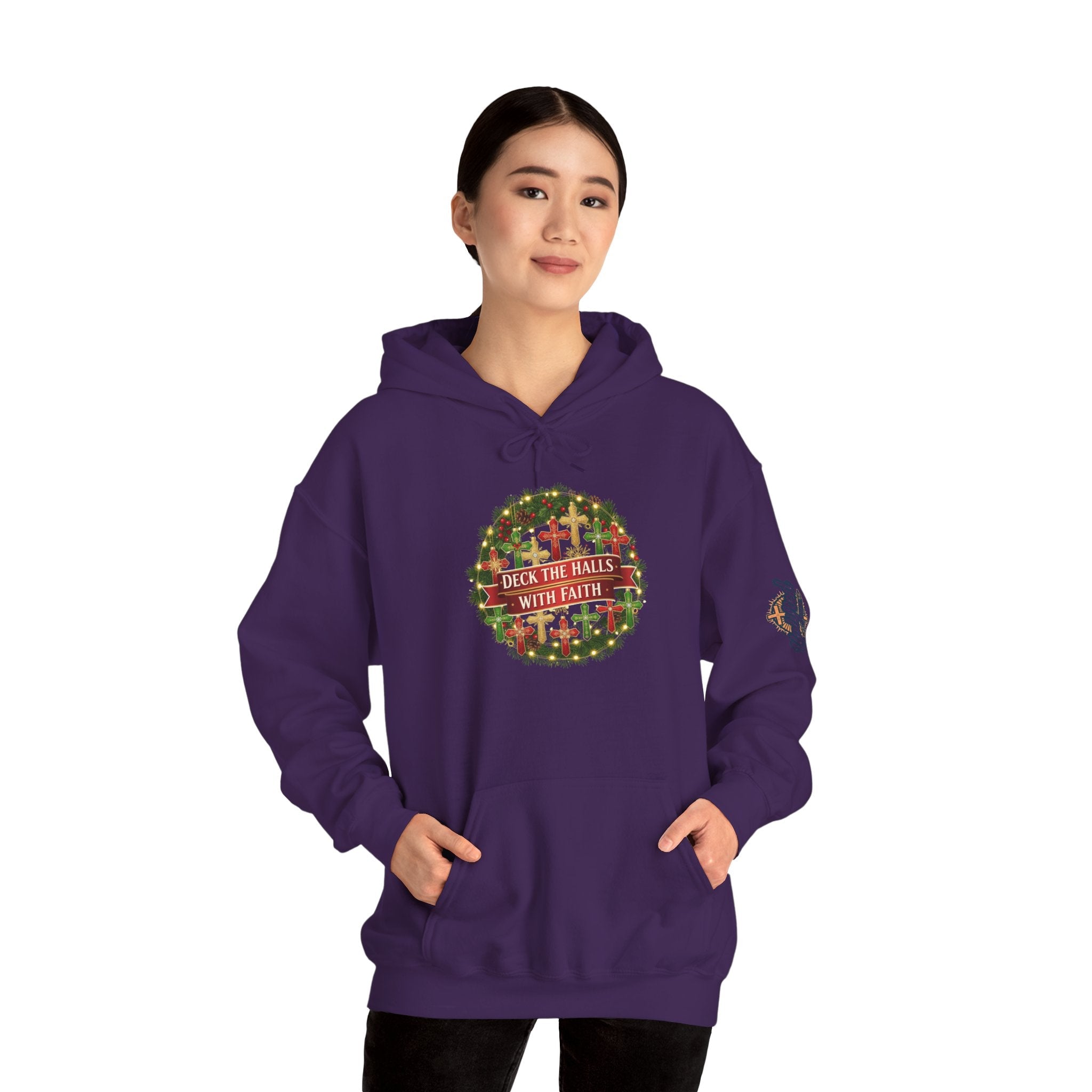 🎄 Deck the Halls with Faith – Christian Christmas Hoodie | Cross Ornament Design & Festive Garland | Bold Holiday Faith Tee by Uplifted Gear Printify