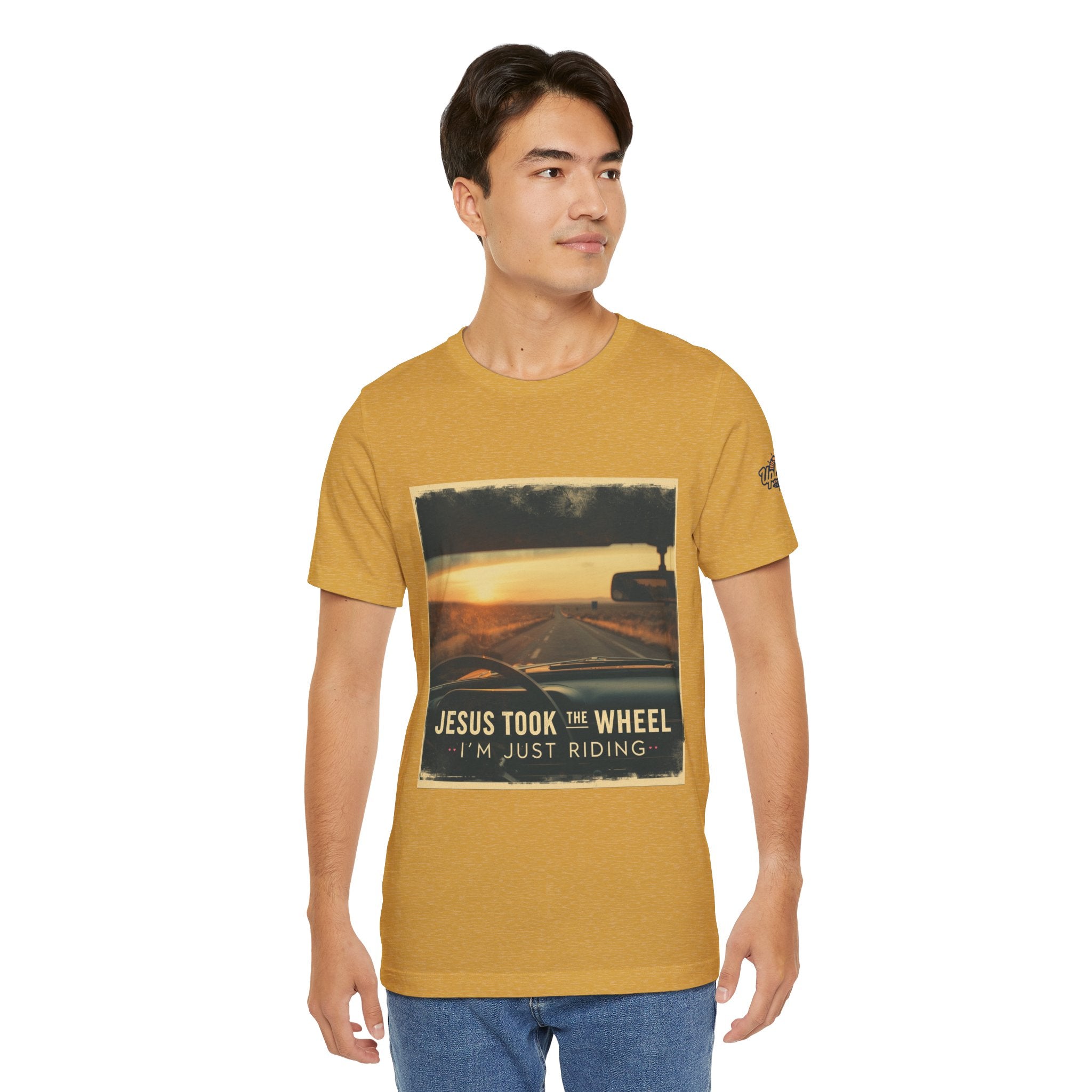 Jesus Took the Wheel I'm Just Riding T-shirt – Funny Christian Convertible Car T-shirt for Surrendered Faith & Humor Printify