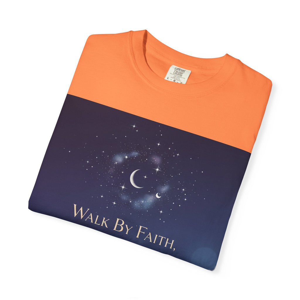 Walk by Faith, Not by Sight T-Shirt – Footprints in the Sand Christian Moonlit Tee Printify