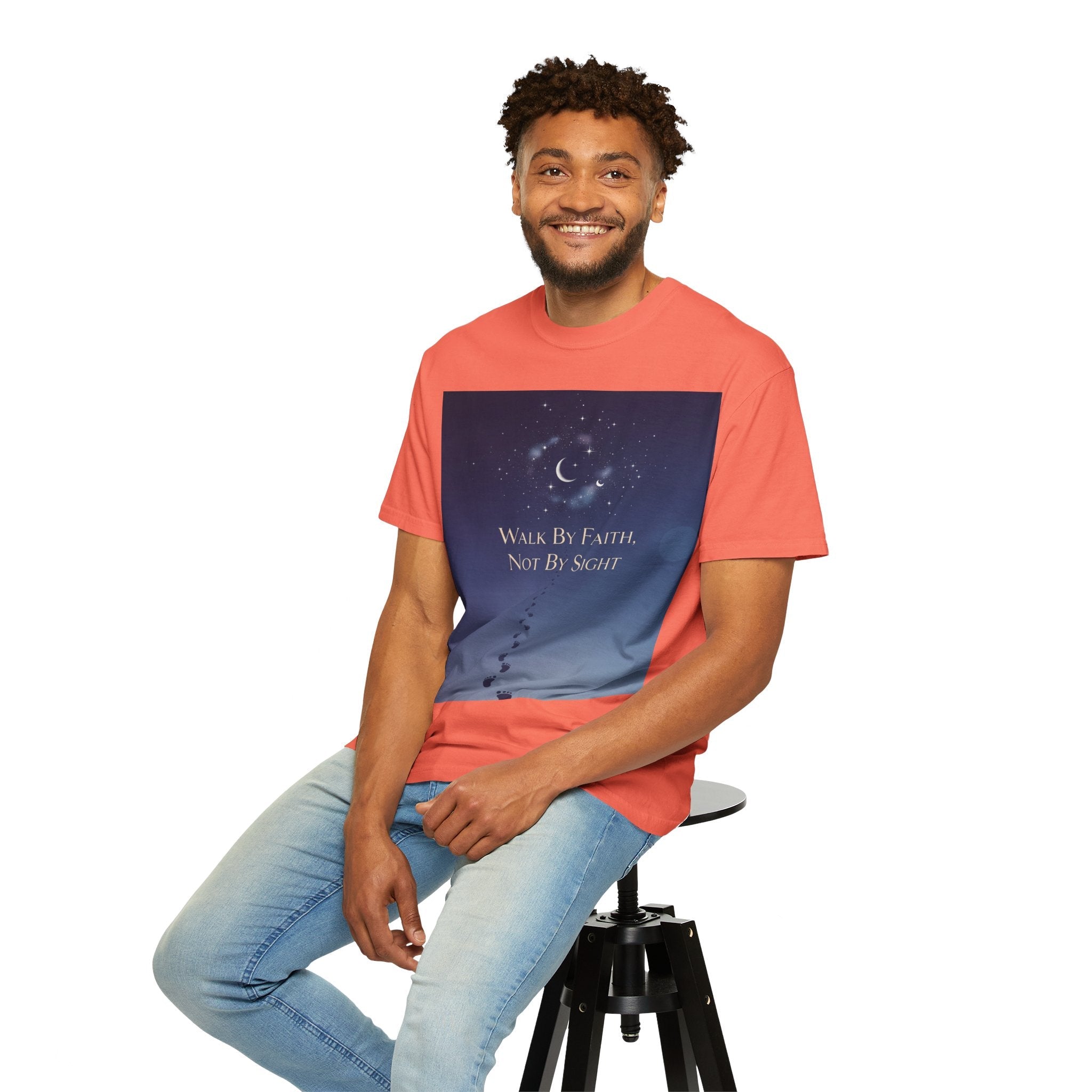 Walk by Faith, Not by Sight T-Shirt – Footprints in the Sand Christian Moonlit Tee Printify