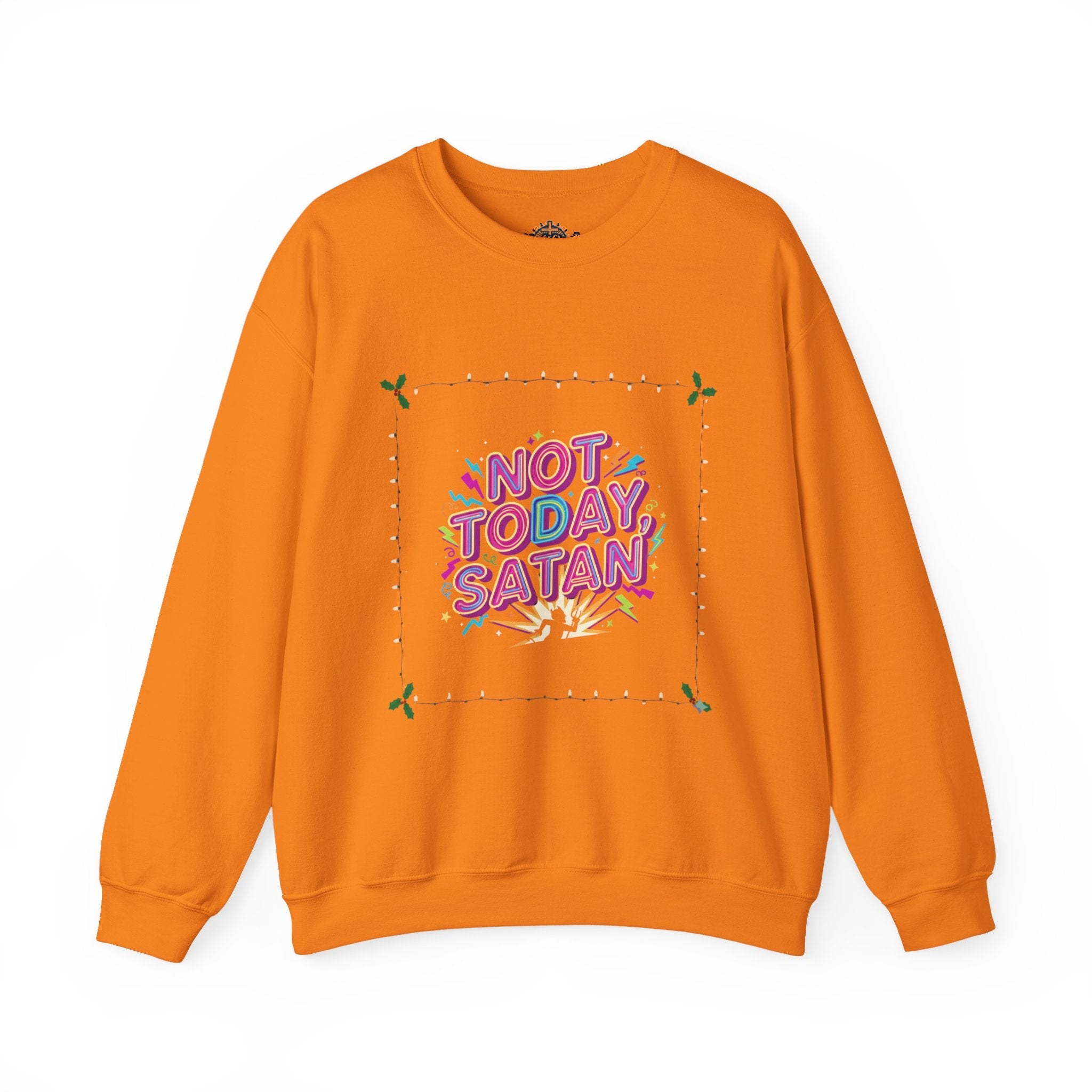 🔥 Not Today, Satan – Retro 90s Christian Sweatshirt | Neon Faith Tee | Funky Cartoon Devil | Bold Bible Verse Shirt | Uplifted Gear Printify