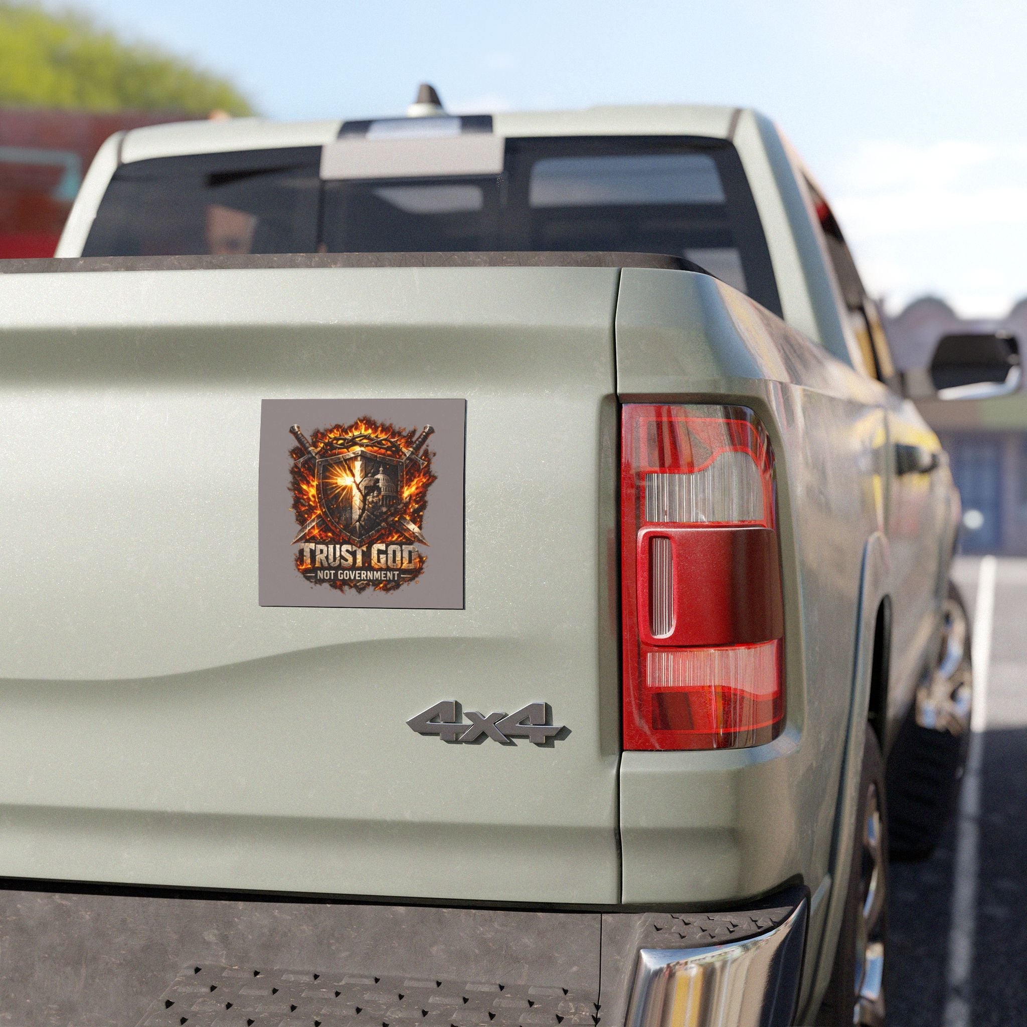 Car Magnet — "Trust God Not Government" Shield Design (Patriotic Faith-Based, Fire & Swords) Printify