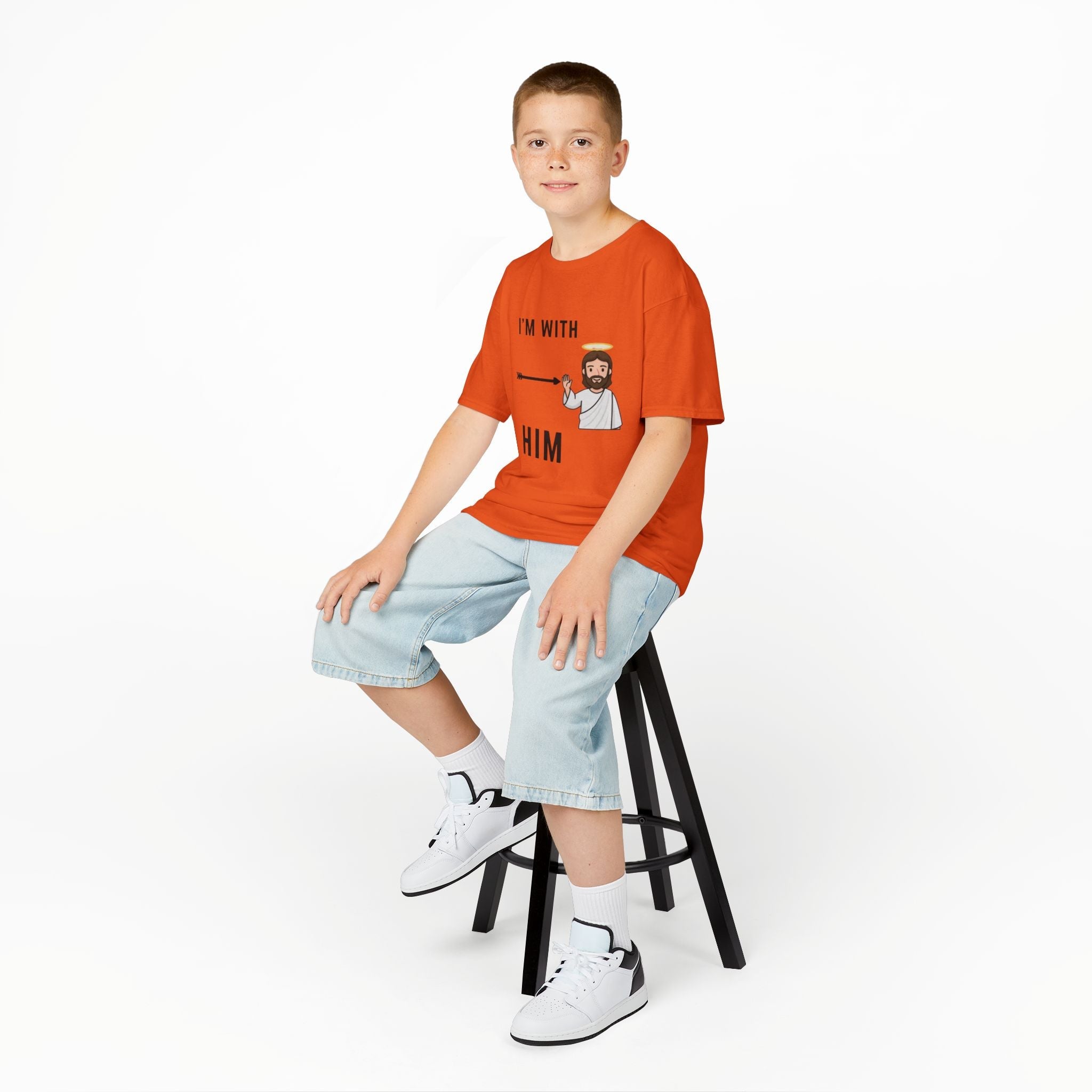 🔥 I’m With Him → Christian Kids T-Shirt | Arrow Pointing to Jesus | Minimalist Faith Tee | Subtle Cross Design | Bible-Inspired Apparel by Uplifted Gear Printify