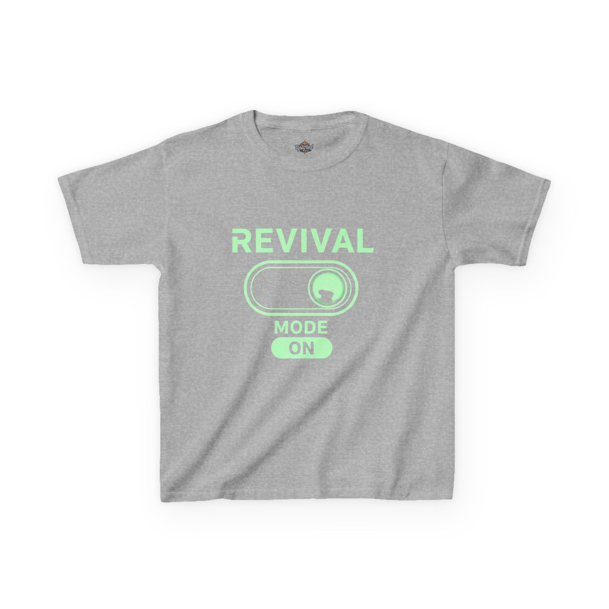 🔥 Revival Mode: ON – Christian Techwear Kids T-Shirt | Glowing Green Faith Switch | Futuristic Jesus Shirt | Activate Your Spiritual Awakening | Uplifted Gear Printify