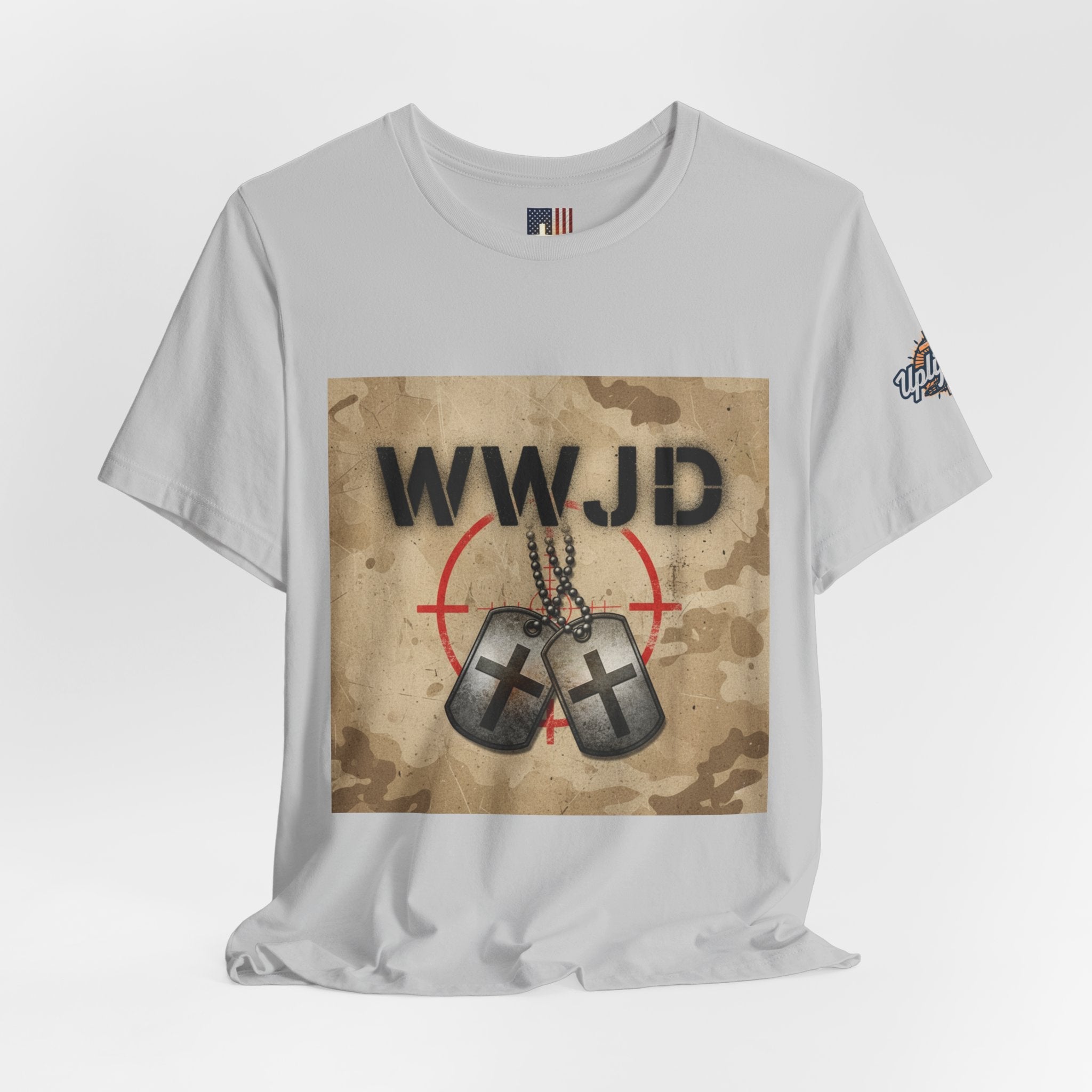 WWJD T-shirt – Military Dog Tags What Would Jesus Do Camo Christian T-shirt for Bold Faith & Streetwear Printify