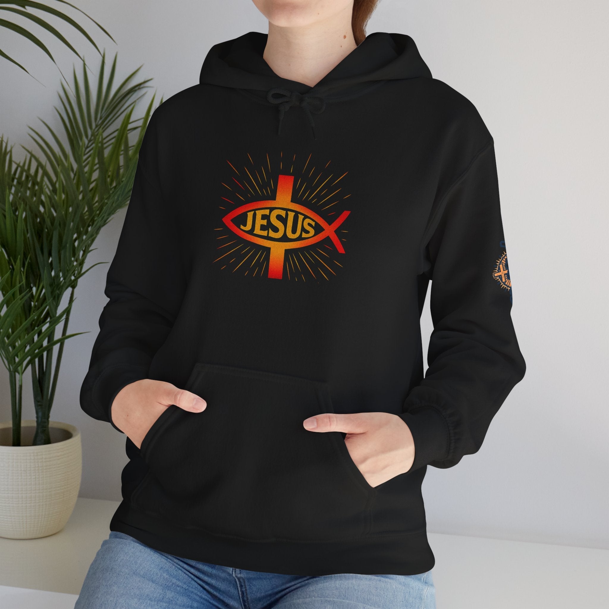 Jesus Ichthys Hoodie – Christian Fish Symbol with Cross & Jesus Inscription Sweatshirt for Eternal Faith & Streetwear Printify