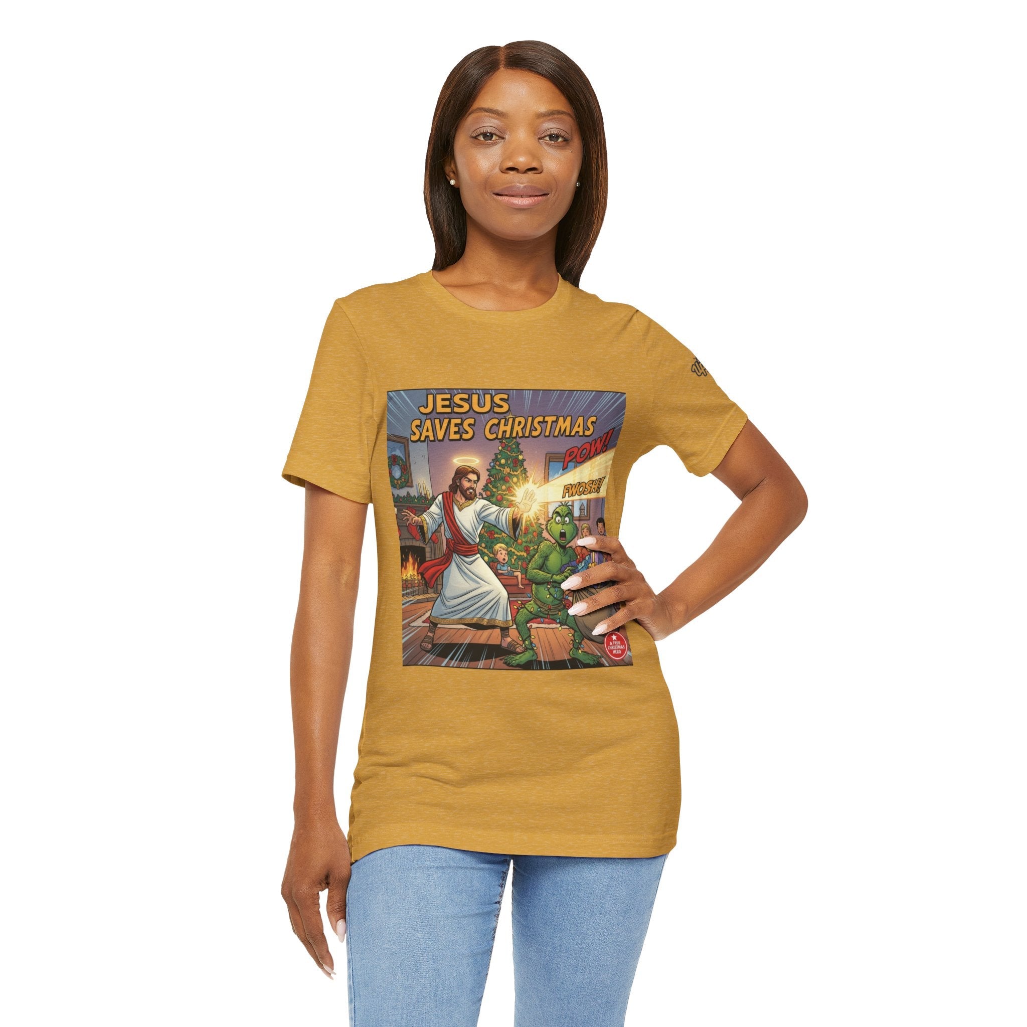Jesus Saves Christmas T-shirt – Grinch vs Savior Light Battle Christian T-shirt for Hilarious Holiday Faith & True Joy Printify