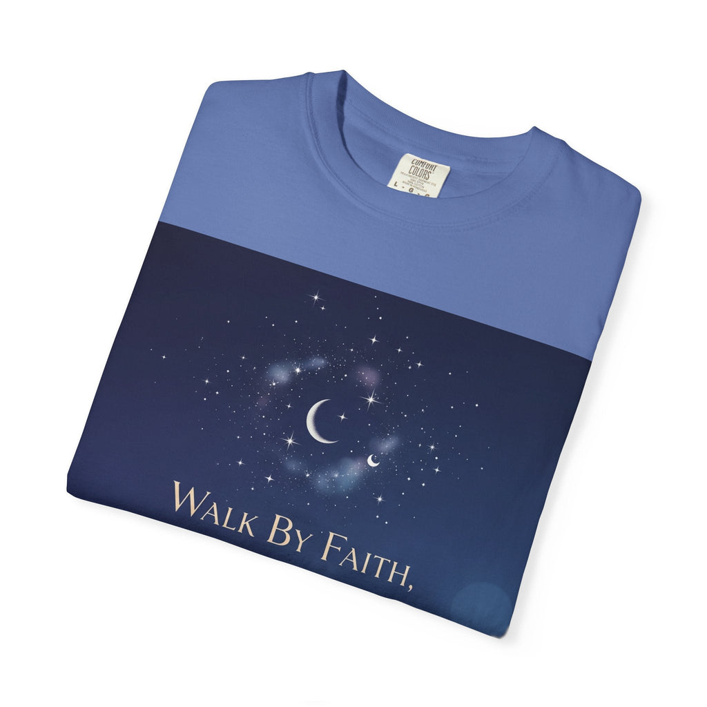 Walk by Faith, Not by Sight T-Shirt – Footprints in the Sand Christian Moonlit Tee Printify